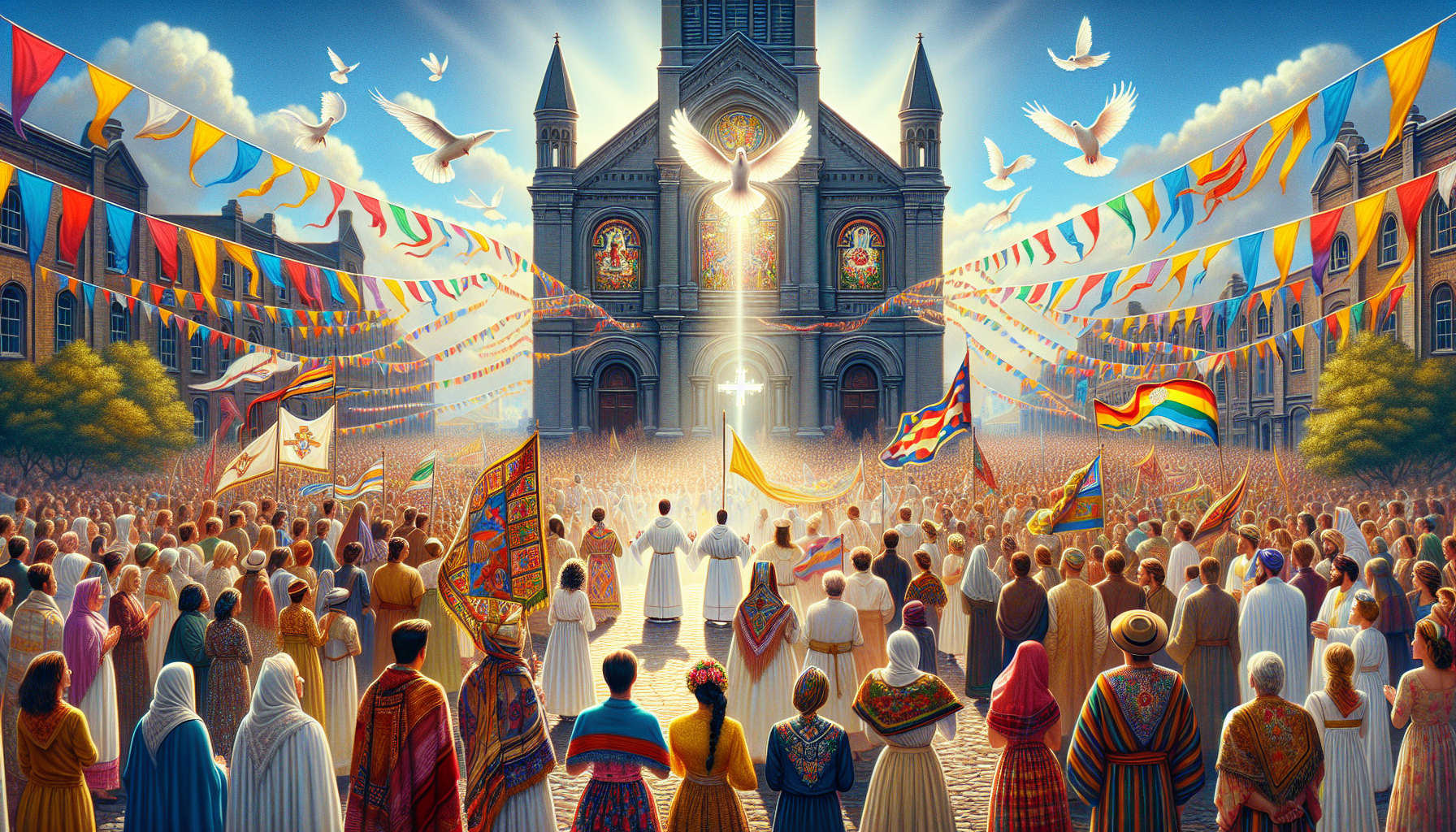 Create an image depicting a vibrant and festive religious celebration of the Holy Trinity. The scene should include colorful banners, people in traditional attire, and a grand church in the background