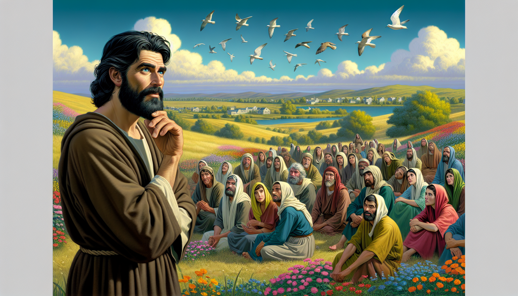 An illustration depicting the essence of Matthew 6:25-34, where Jesus is addressing a crowd on a serene hillside. Jesus is gesturing thoughtfully while surrounded by natural elements such as birds in