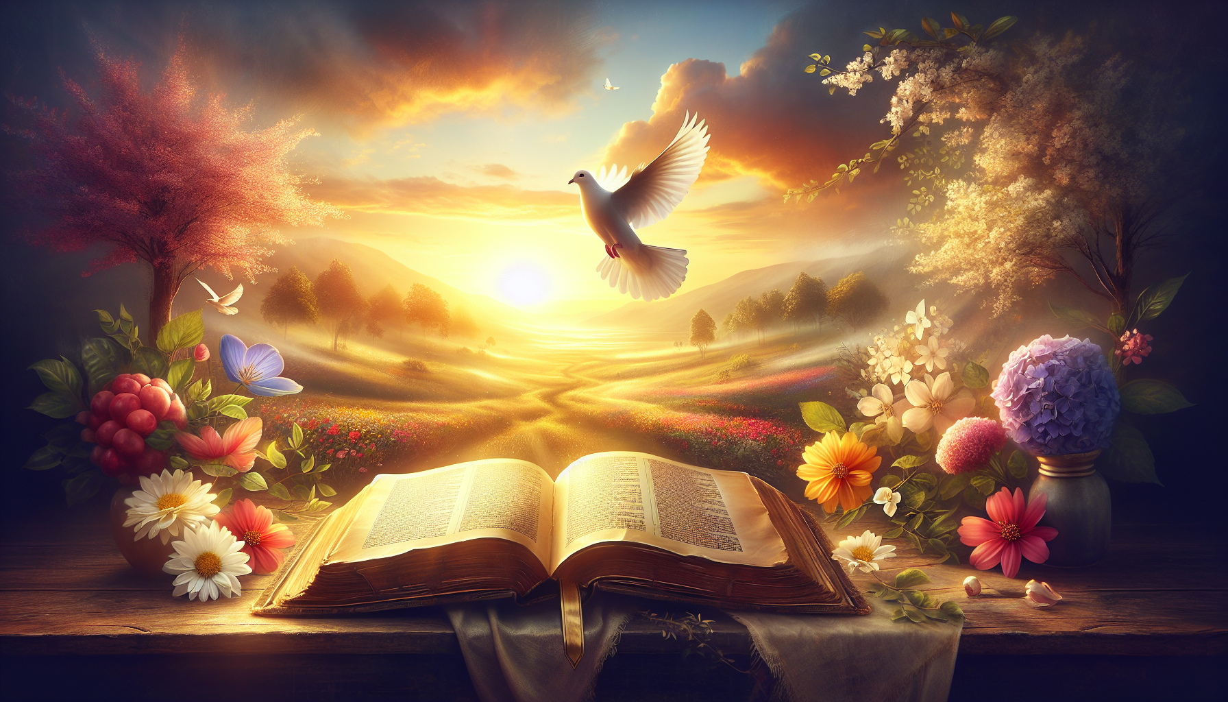 Create an image featuring a serene and radiant landscape bathed in soft golden light, symbolizing hope. In the foreground, depict an open Bible resting on a table with the page turned to Romans 15:13