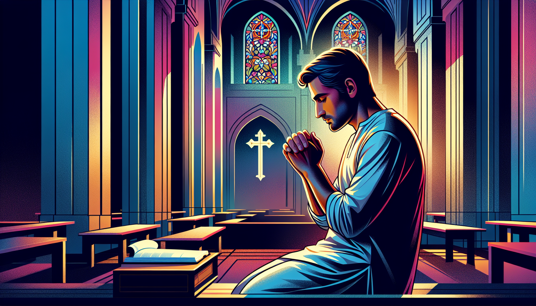Create an illustration of a person kneeling in prayer with a serene expression, hands clasped together, in a quiet, dimly lit church. The atmosphere should be peaceful and contemplative, with soft lig