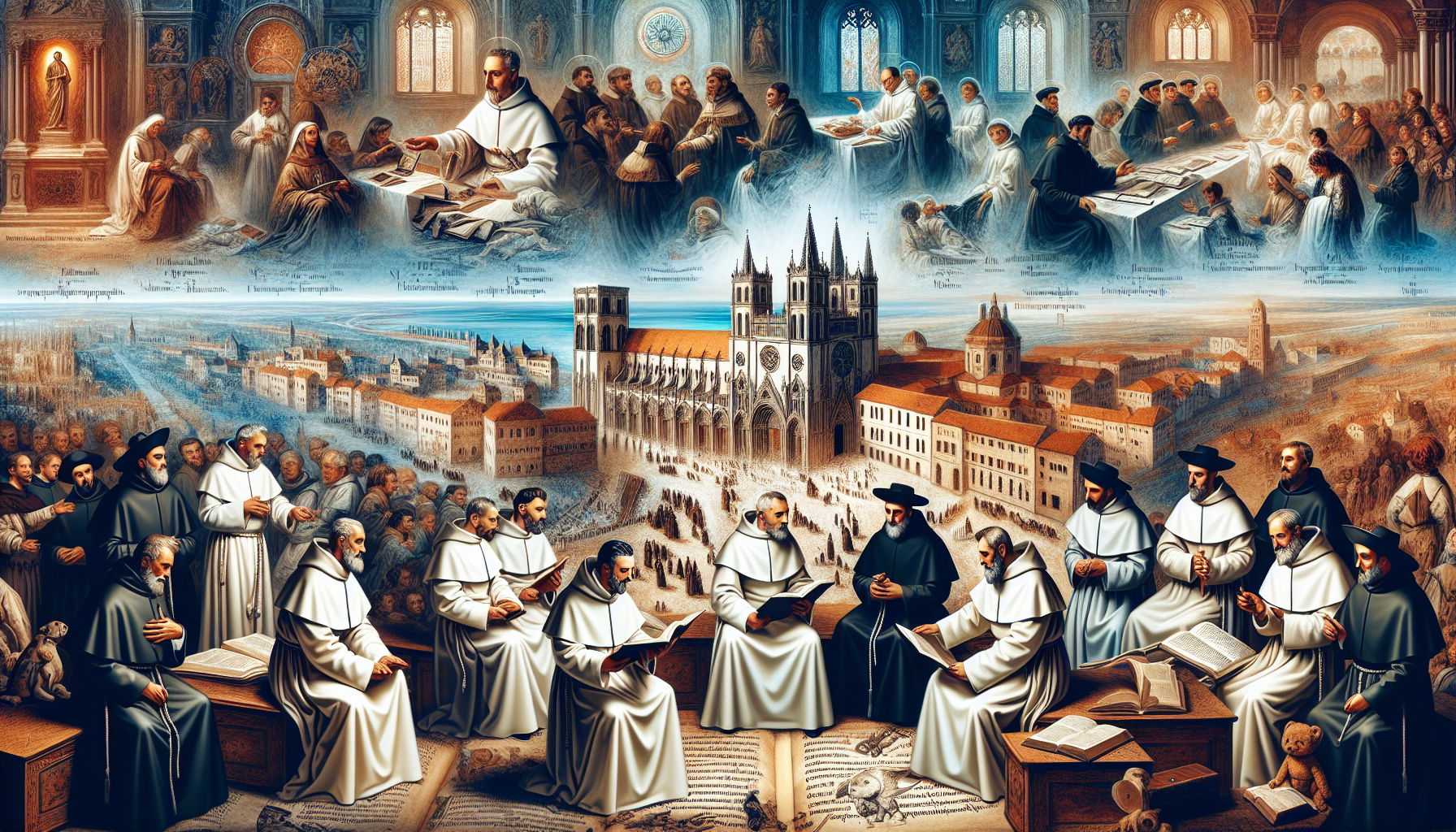 Create an illustration capturing the rich history of the Dominicans (Dominicos). Depict a timeline with key moments: the founding of the Dominican Order by St. Dominic in the early 13th century, Domin