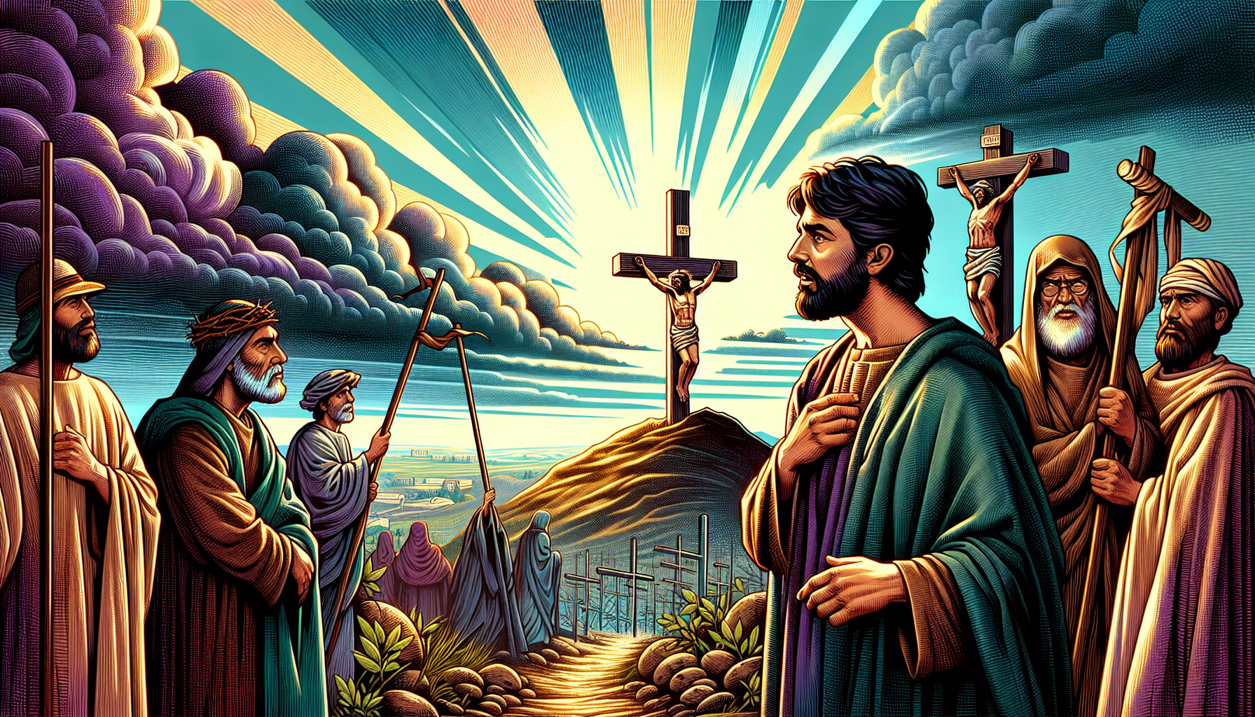 Create an illustration depicting the biblical scene of the crucifixion, focusing on the repentant thief. The image should show three crosses on a hill, with Jesus in the center and the repentant thief