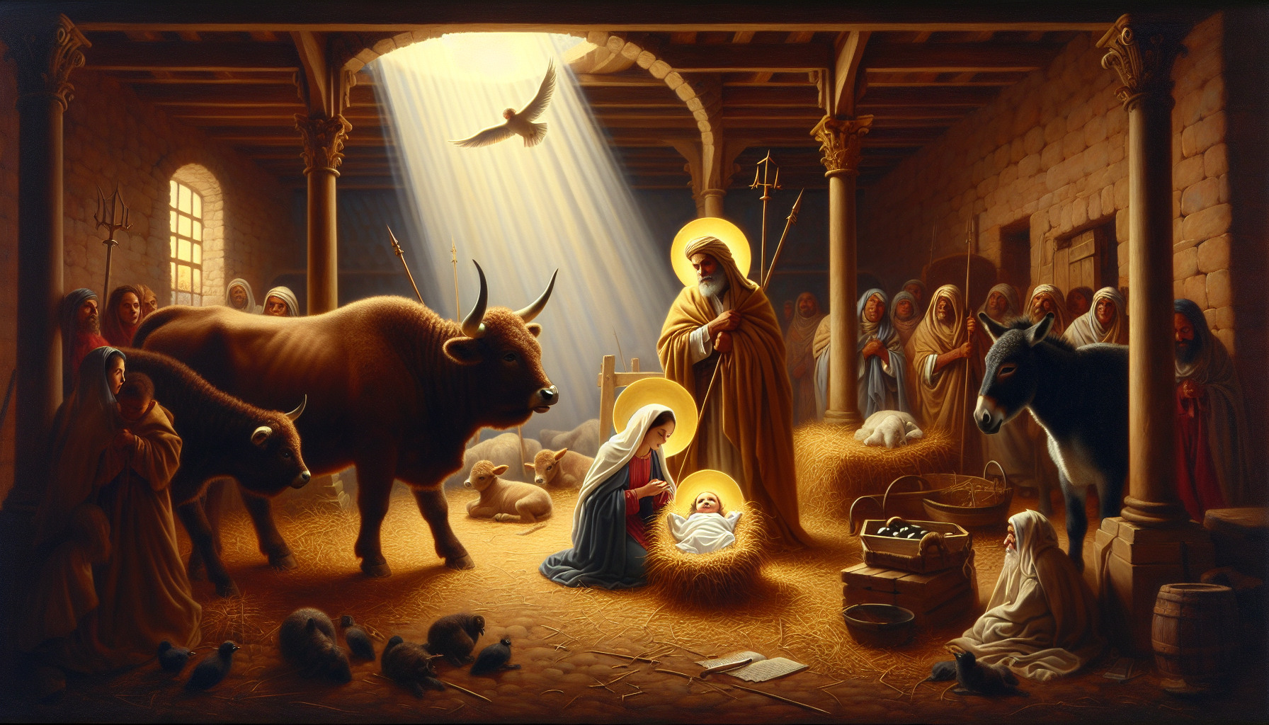 Create a classical, Renaissance-style painting depicting the Nativity of Jesus as described in Luke 2:1-7. Show Mary and Joseph in a humble stable, with baby Jesus lying in a manger. Surround them wit