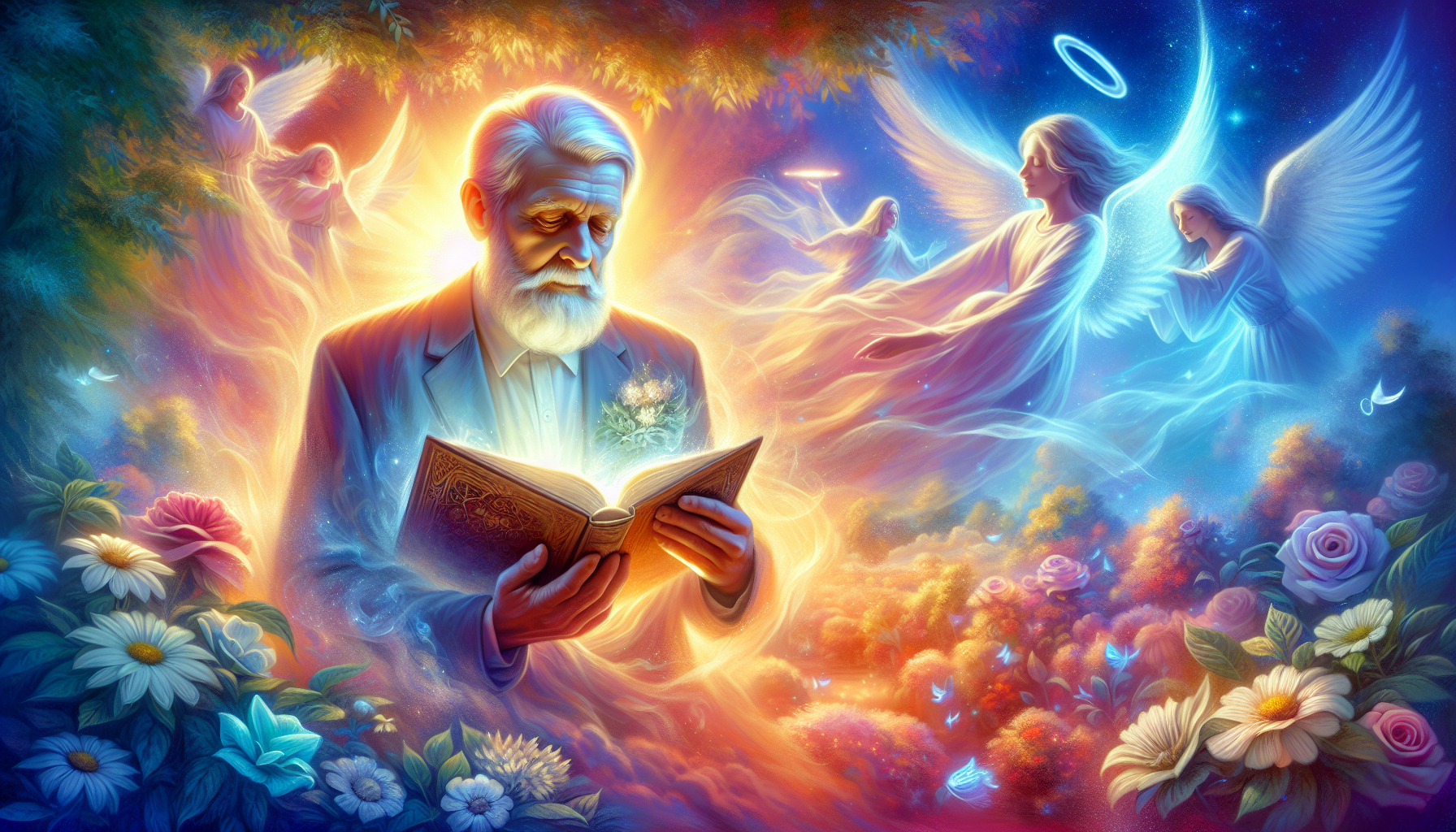 Create an illustration featuring an ethereal scene of an elderly man, Don, surrounded by a warm, divine light. He holds a glowing book that symbolizes wisdom, and angelic figures can be seen subtly in