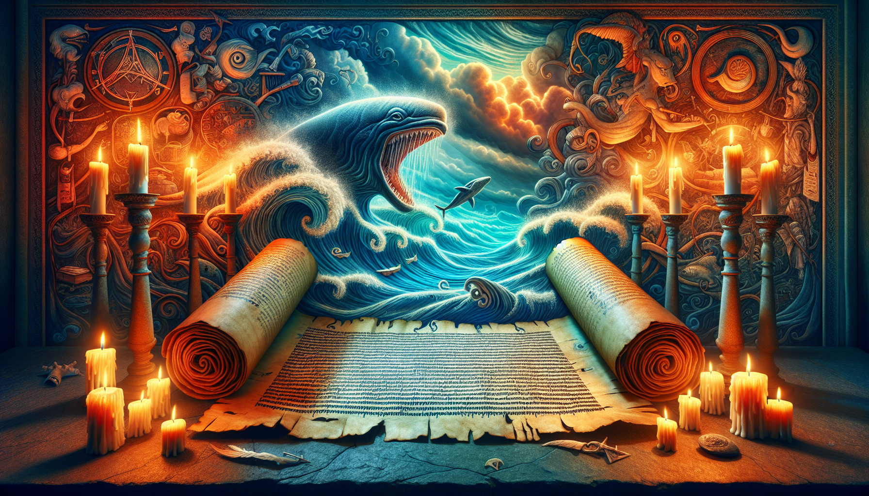 An ancient, weathered scroll unfurled on a stone altar, illuminated by flickering candlelight. Surrounding the scroll are mystical symbols and oceanic elements such as swirling waves and a whale, repr