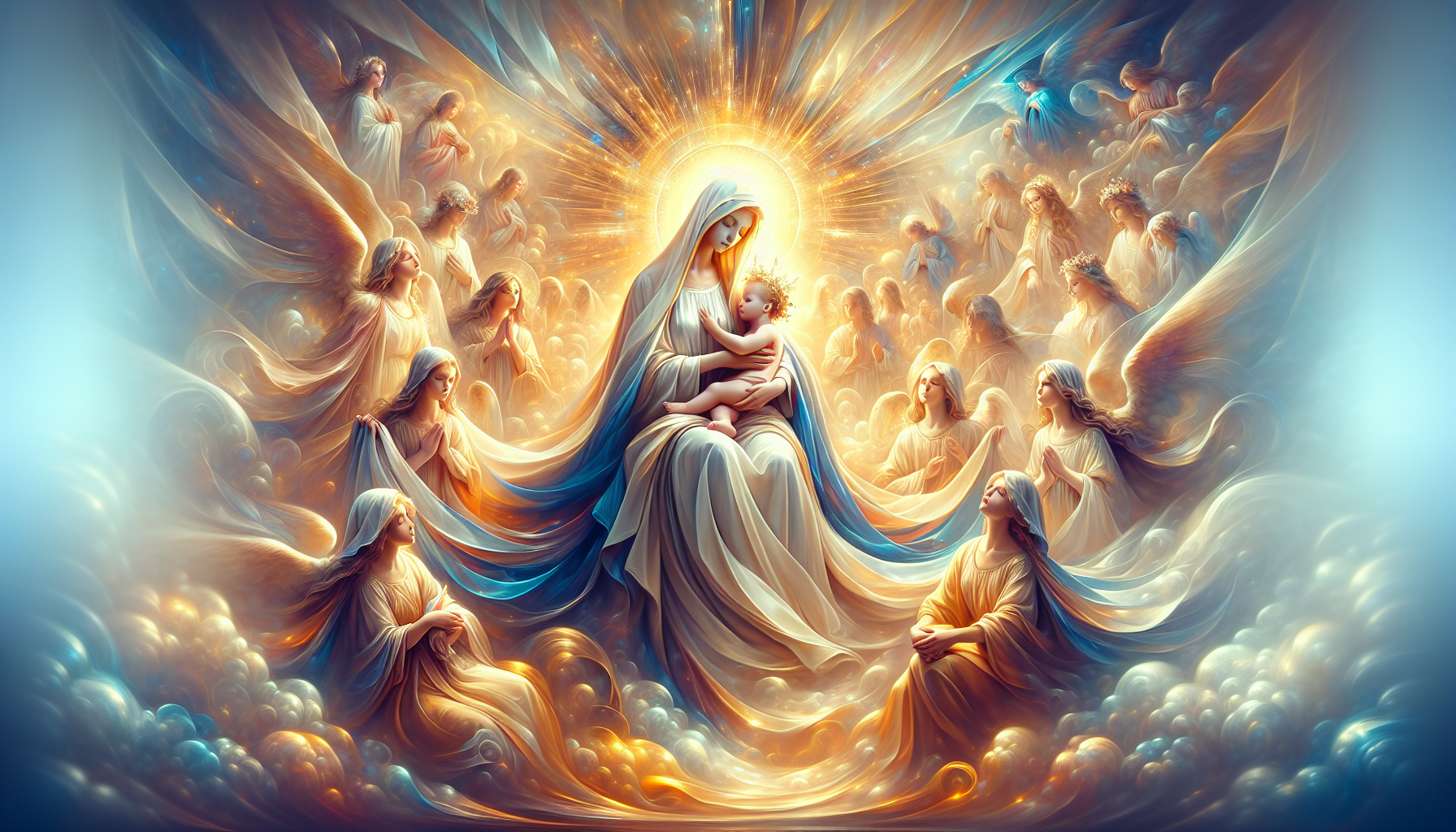 A serene, sacred image of the Solemnity of Santa María, Mother of God: Santa María is depicted in flowing, celestial robes, with a soft, radiant glow surrounding her. She is cradling the infant Jesus
