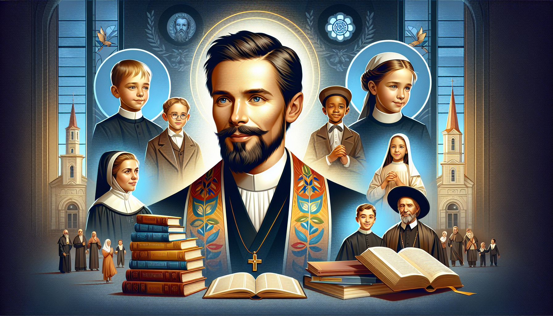 An inspirational and solemn portrait of Salesian priest Juan del Rizzo, surrounded by elements symbolizing his life's work, such as a church backdrop, children he educated, and books representing his