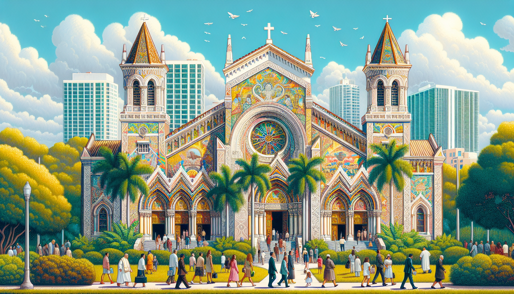 Create an image of some of the most beautiful and iconic Christian churches in Miami. Show the stunning architecture of these churches with intricate details, surrounded by lush greenery and bright su