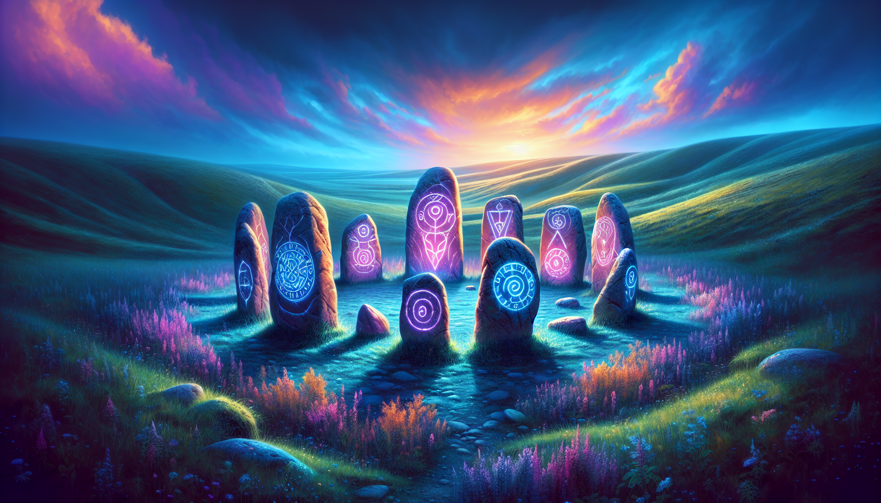 Create an image of ancient stones arranged in a mystical, circular formation, exuding a magical aura under a twilight sky. The stones appear sentient, with glowing, rune-like symbols and subtle facial