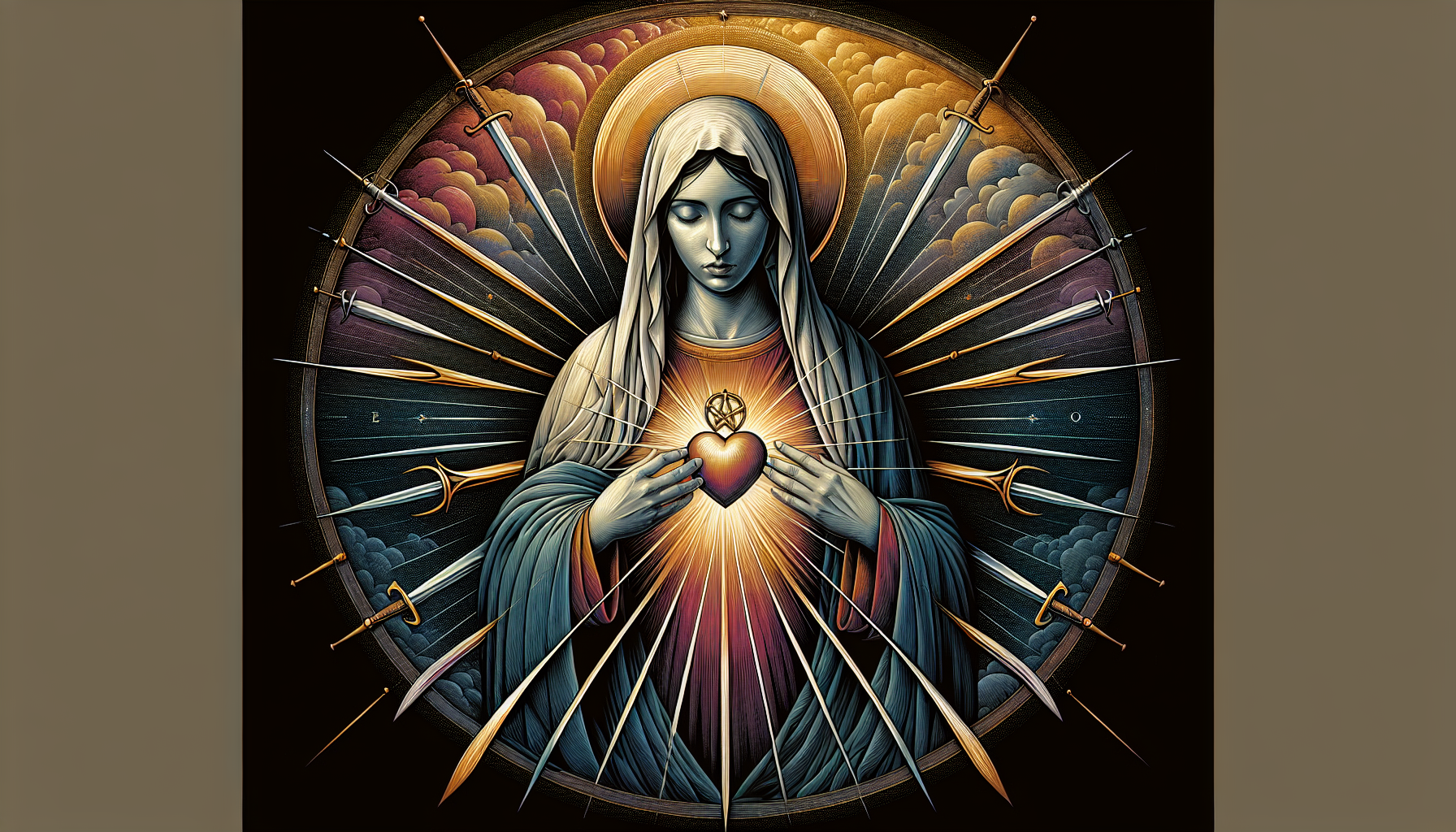 Create an image of the Virgin Mary depicted with seven symbolic swords radiating around her heart, each representing one of her sorrows. The background should evoke a somber, reflective mood with a mi