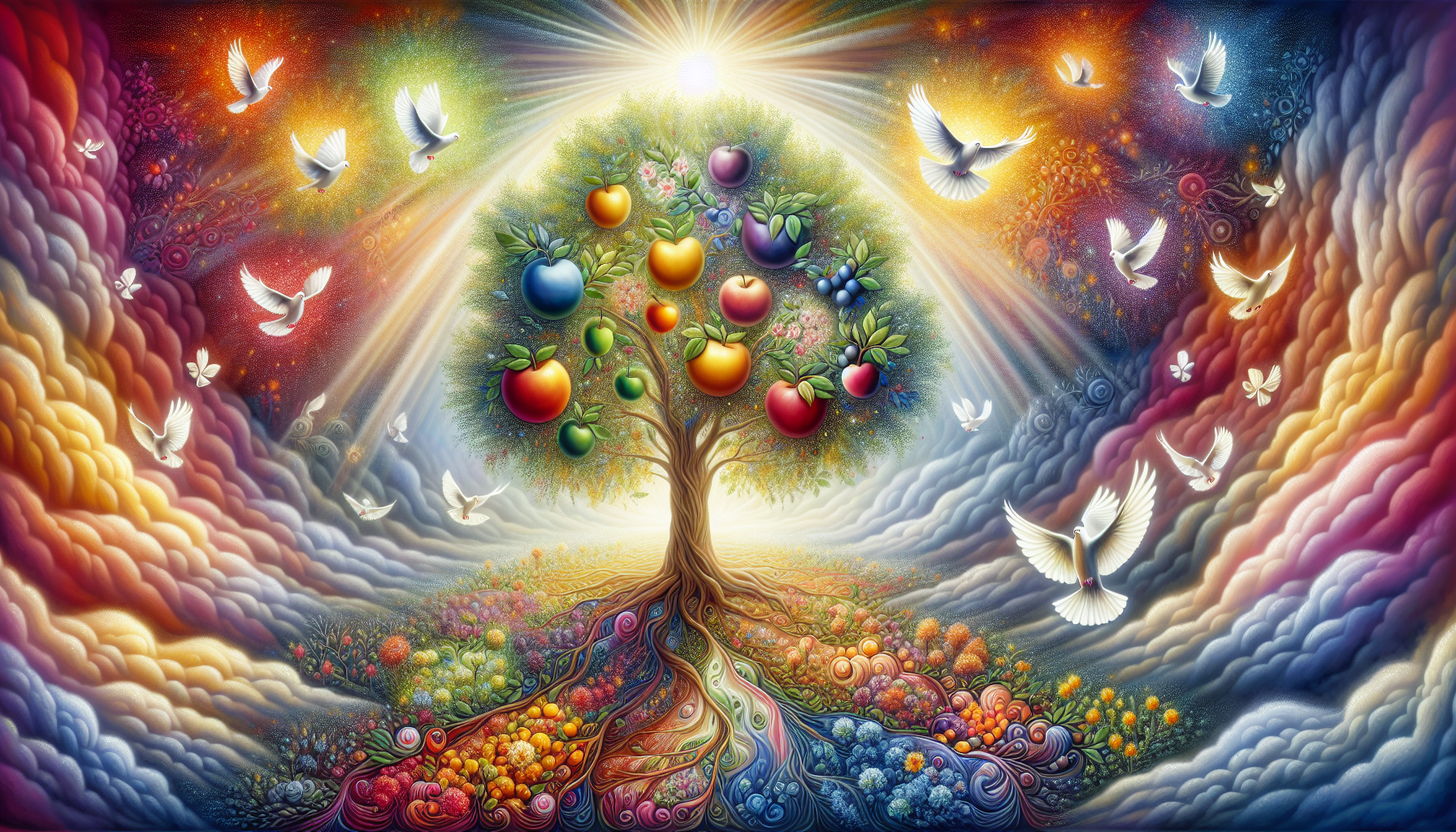 Create an image of a radiant and ethereal tree bearing seven different symbolic fruits. Each fruit is labeled with a name of one of the virtues of the Holy Spirit: wisdom, understanding, counsel, fort
