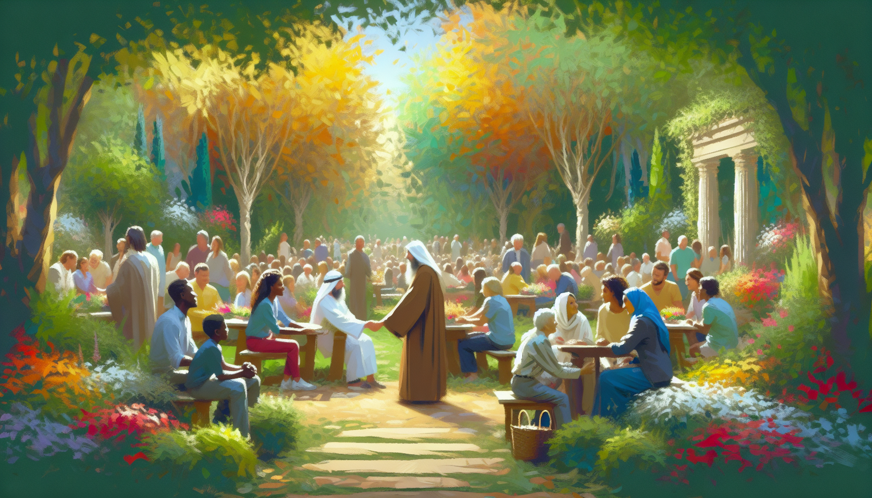 Create a serene and harmonious digital painting depicting a diverse group of people from various cultures and backgrounds gathering in a lush, sunlit garden, each person interacting lovingly with othe