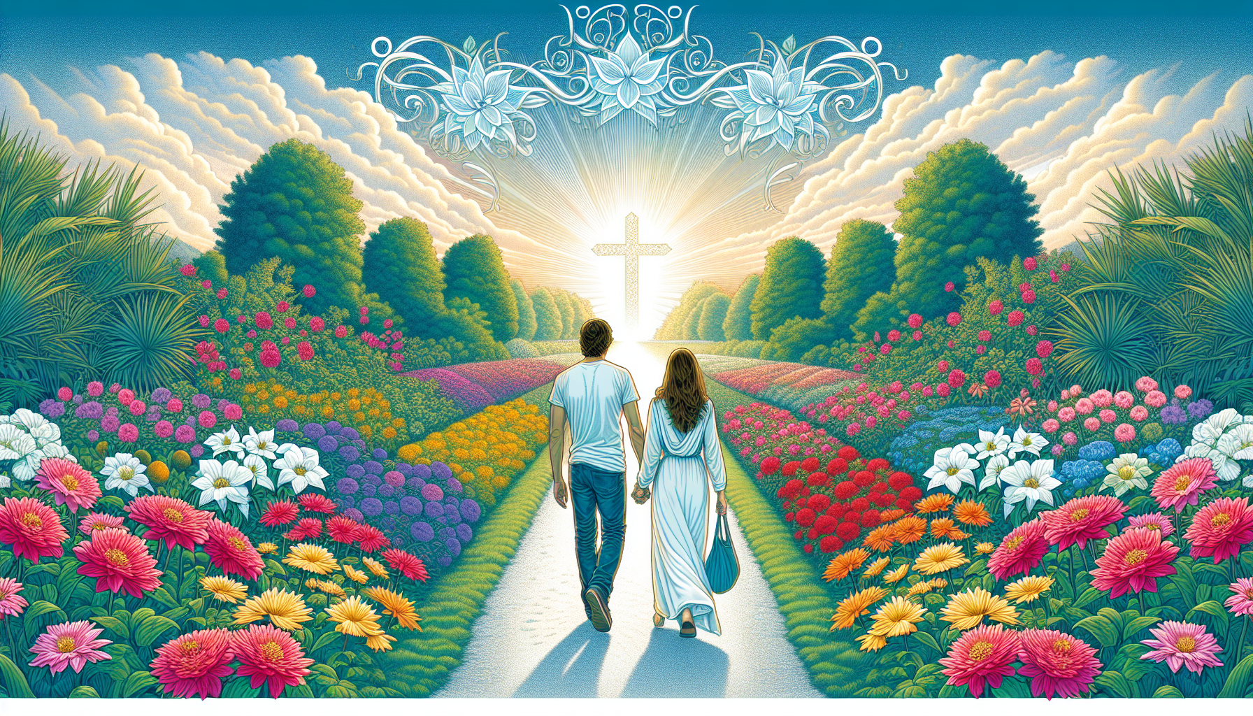 Create an image of a serene and beautiful garden setting where a Christian couple is holding hands and walking on a path. The garden is filled with vibrant flowers, and in the sky, there is a subtle,