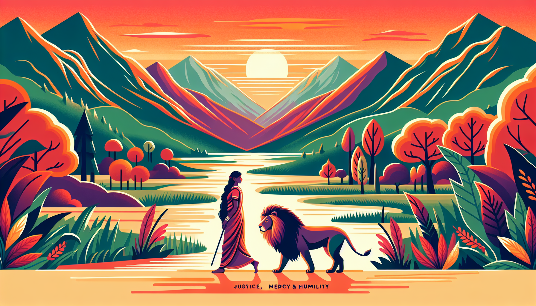 Serene landscape illustrating Micah 6:8, with a person walking humbly alongside a lion, both surrounded by mountains and a wide river, under a glowing sunset, symbolizing justice, mercy, and humility.