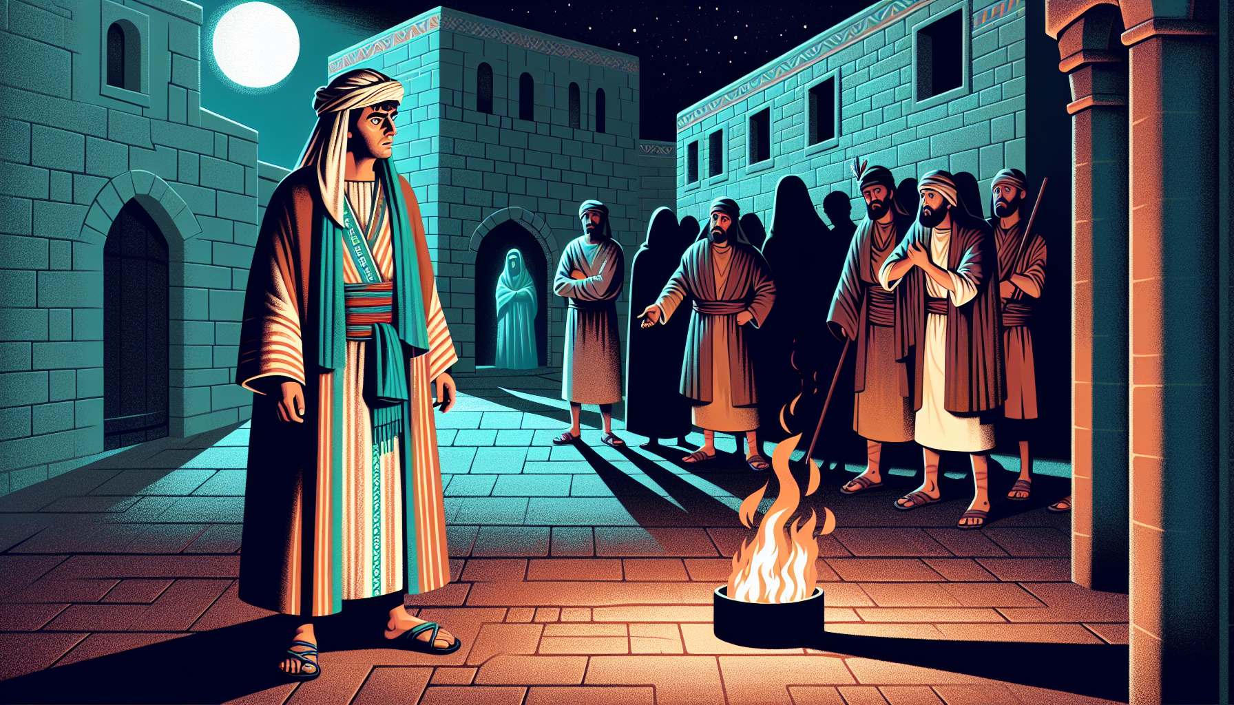 Create an image depicting the biblical scene of Peter's denials of Jesus, found in John 18:15-27. Show Peter, dressed in ancient Middle Eastern attire, standing around a courtyard fire at night with s