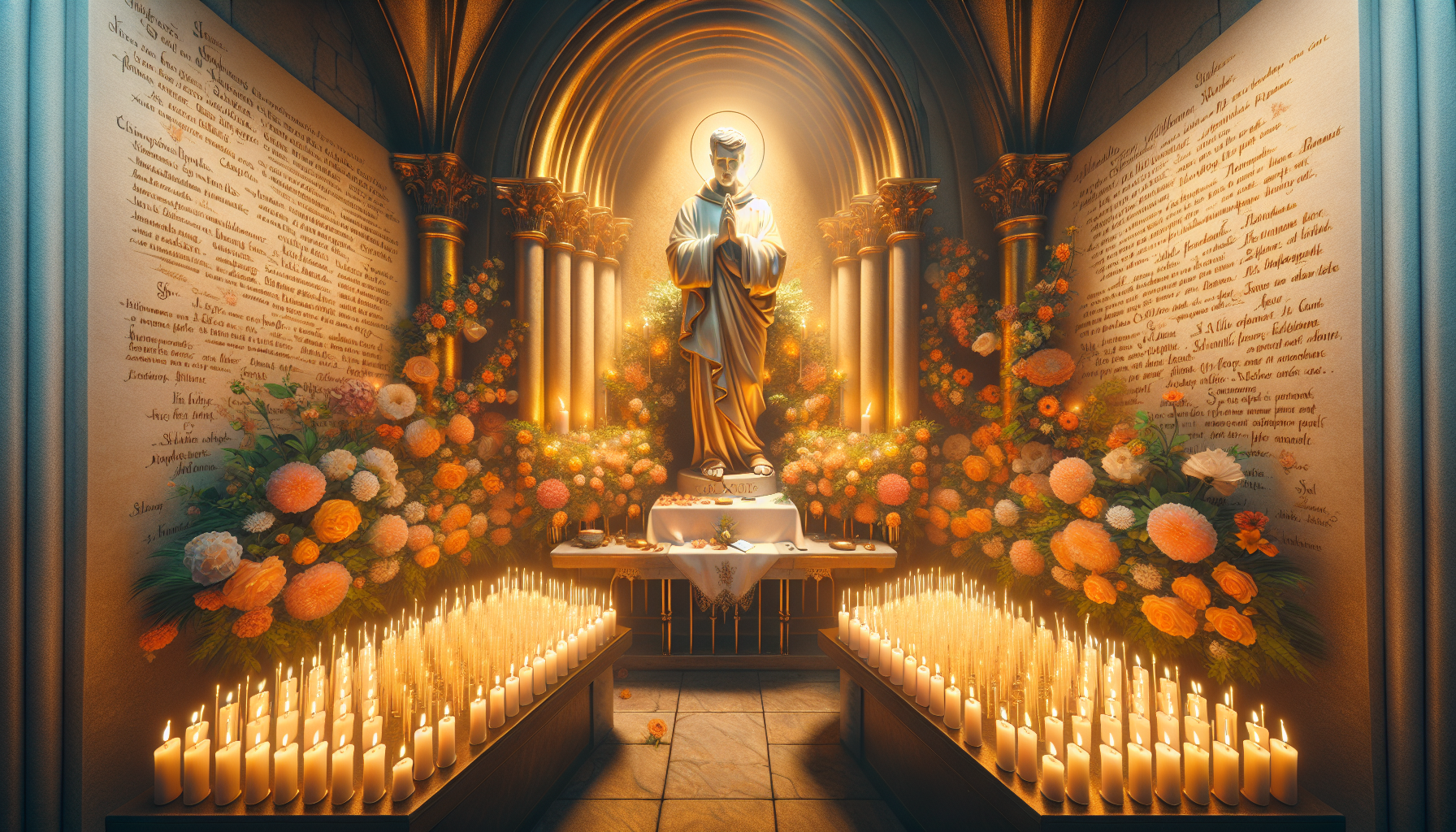 Create an image of a serene, candlelit chapel with a soft golden glow. In the center, a statue of Saint Alexius (San Alejo) is depicted in a humble, prayerful pose. Surrounding the statue are votive c