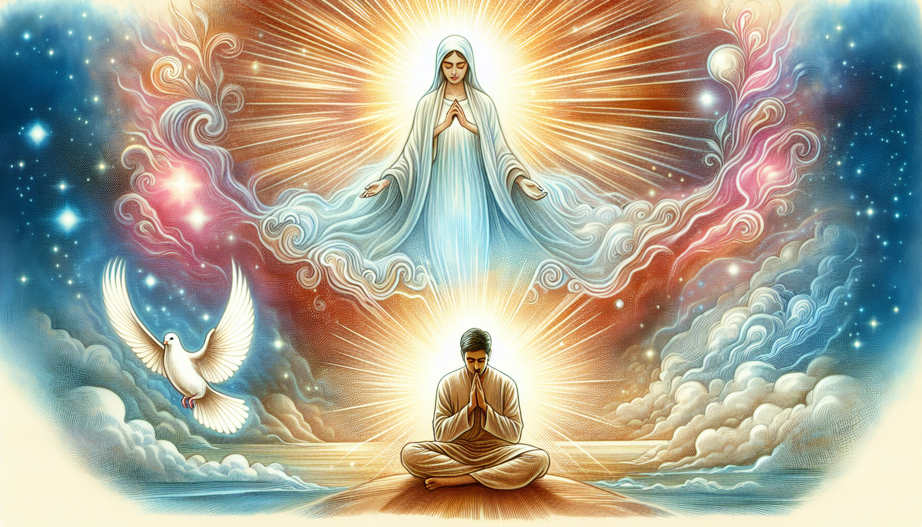 An ethereal scene featuring a serene figure enveloped in radiant, soft light representing the Holy Spirit. This figure hovers gracefully above a peaceful individual who is praying fervently with hands