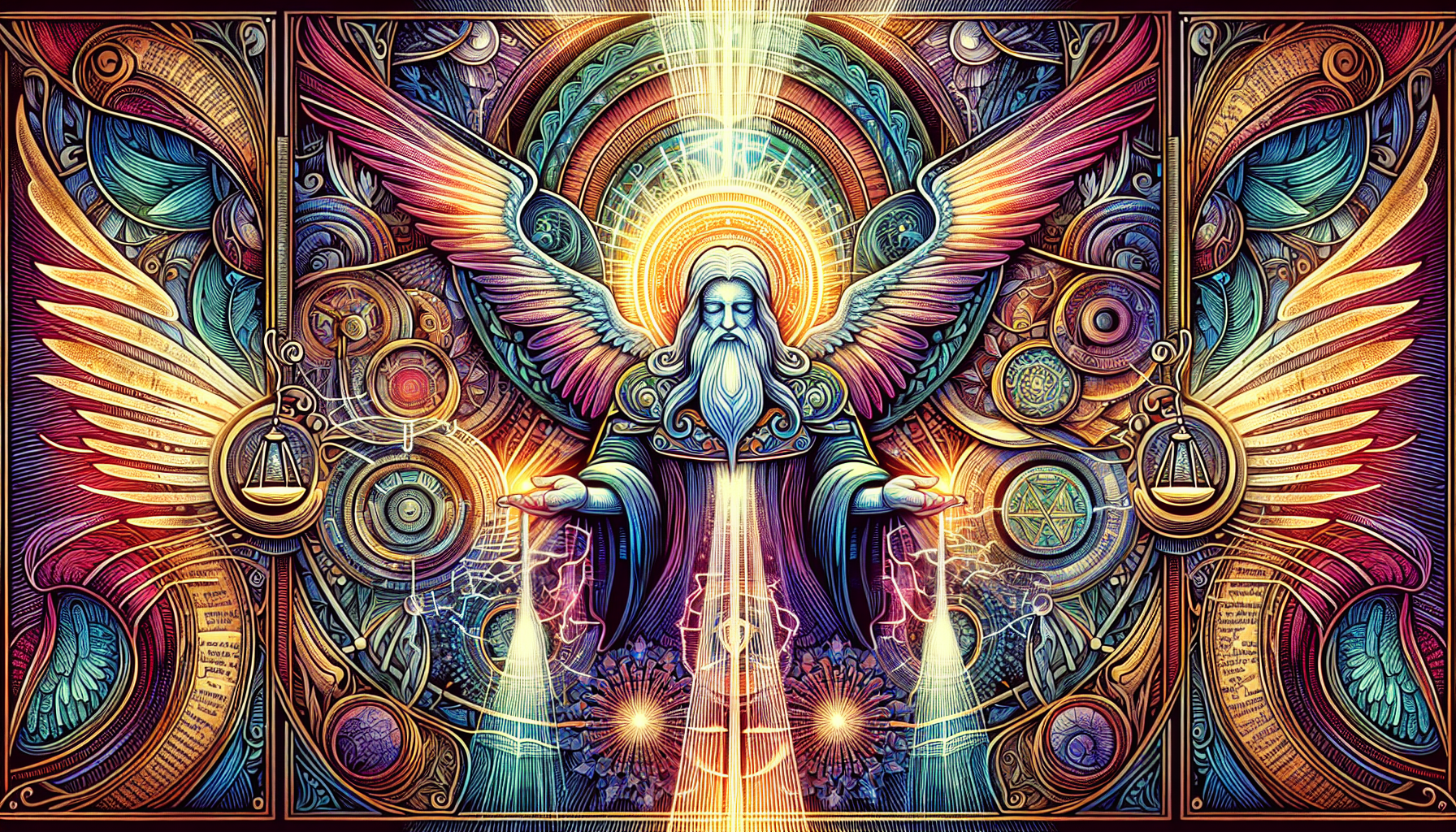 An intricate, glowing illustration of a wise, ethereal figure symbolizing the Just Judge, surrounded by ancient religious texts and divine light beams. The scene is set in a serene, sacred environment
