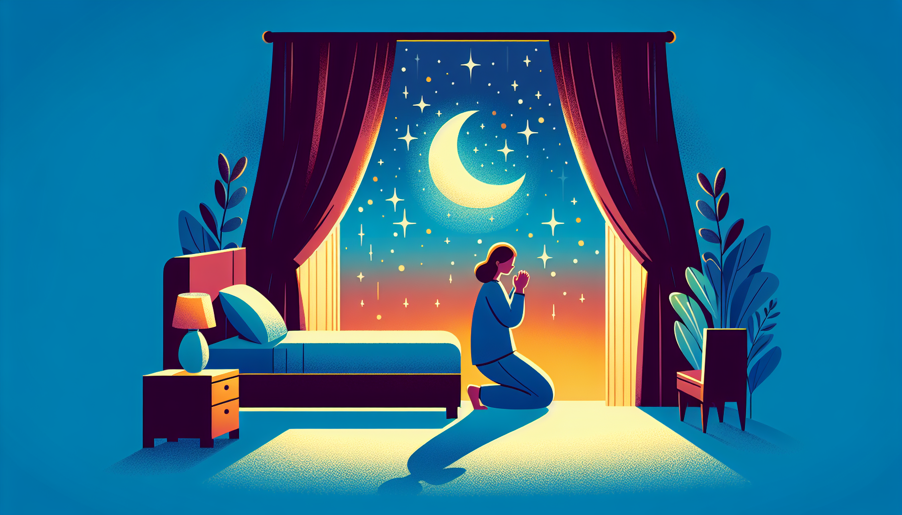 An enchanting night sky filled with twinkling stars and a bright crescent moon, casting a gentle glow over a serene bedroom. A person kneels beside their bed, hands clasped in prayer, with a peaceful