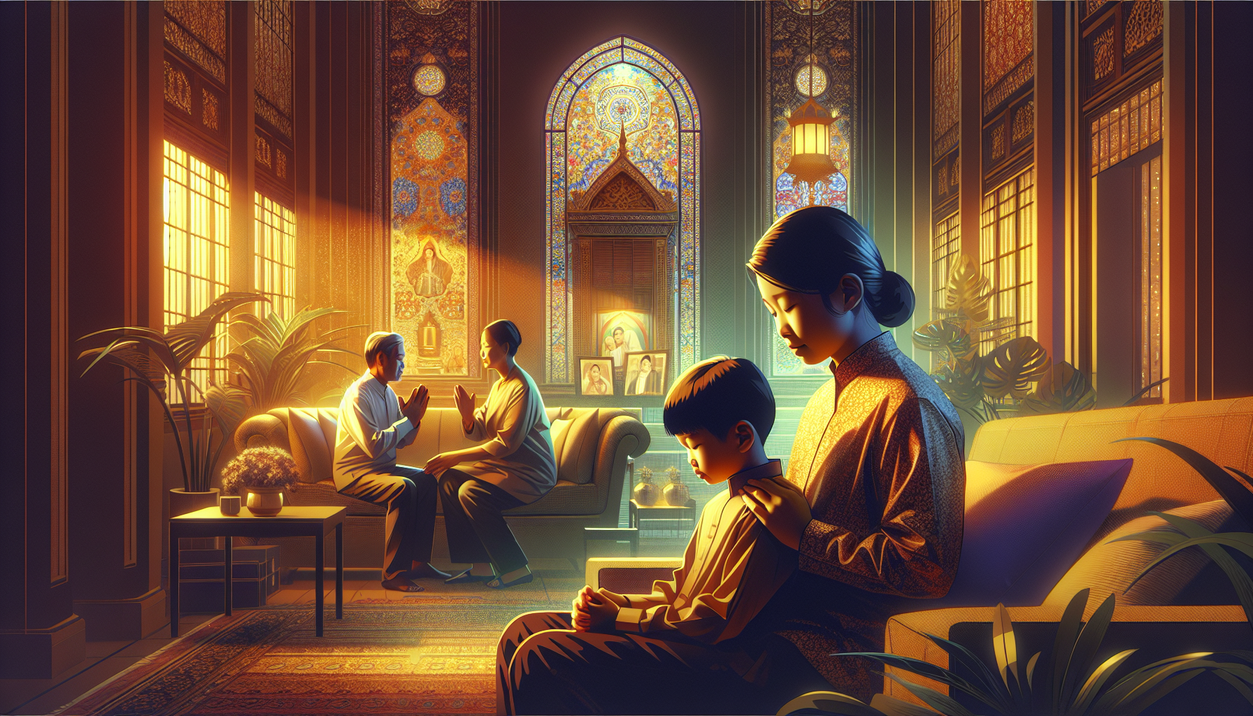 Create a warmly lit scene of a family gathered in a cozy living room. A parent has their hands gently placed on their child's shoulders, eyes closed in prayer, with a serene and loving expression. The