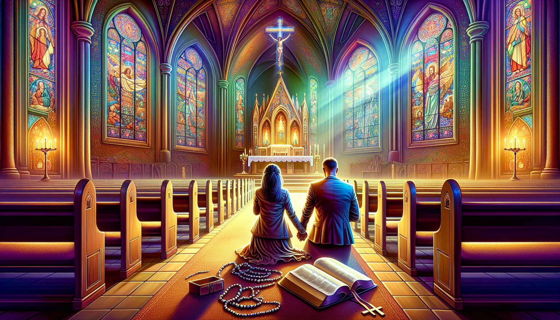 A serene church setting with a couple holding hands and praying together at an altar, illuminated by soft, warm light filtering through stained glass windows. The scene includes an open Bible and rosa