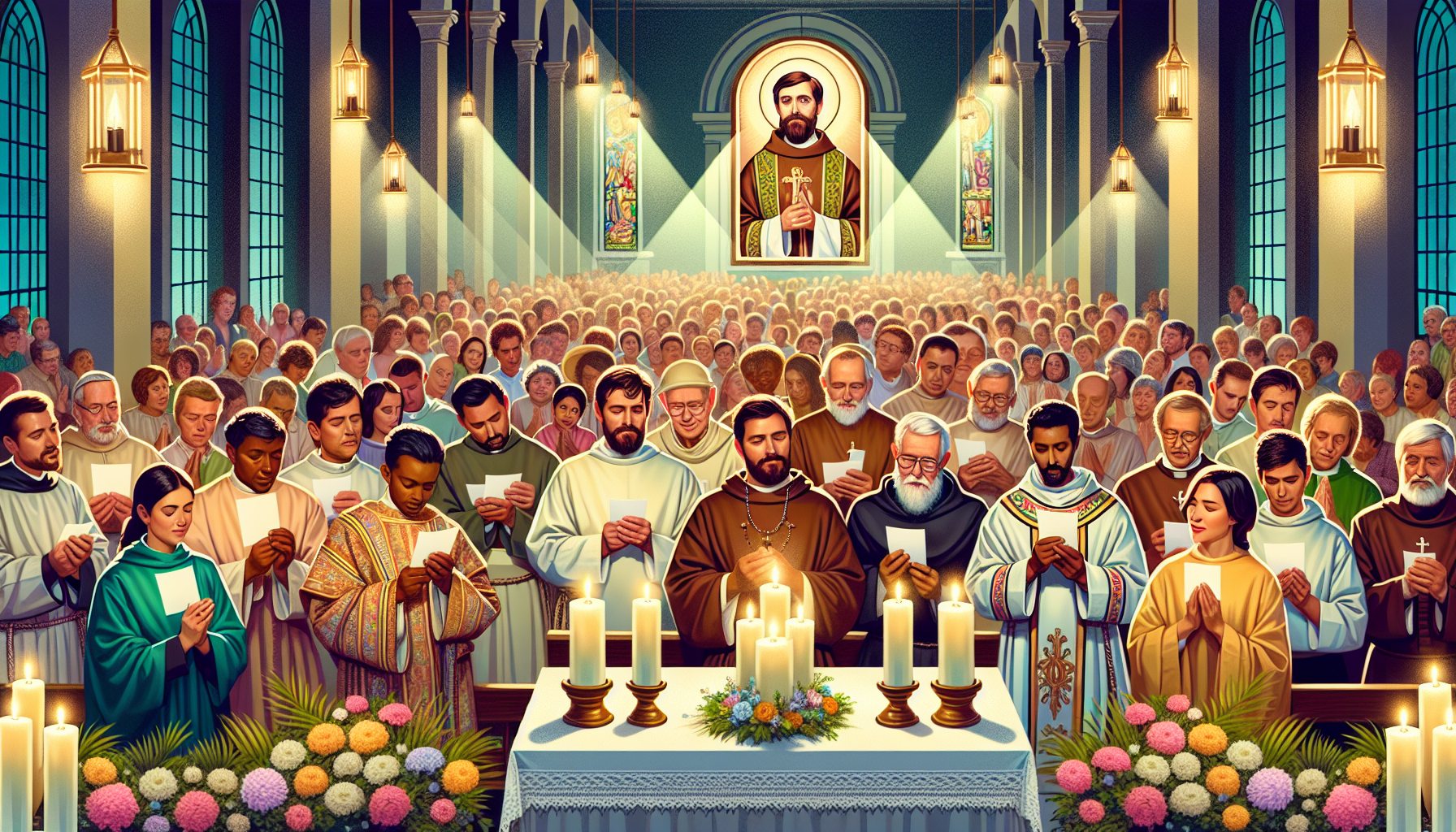 Create an image of a serene Catholic church during celebration, with devotees gathered and candles lit, as they honor Padre Pío. Illustrate people holding prayer cards and wearing traditional clothing
