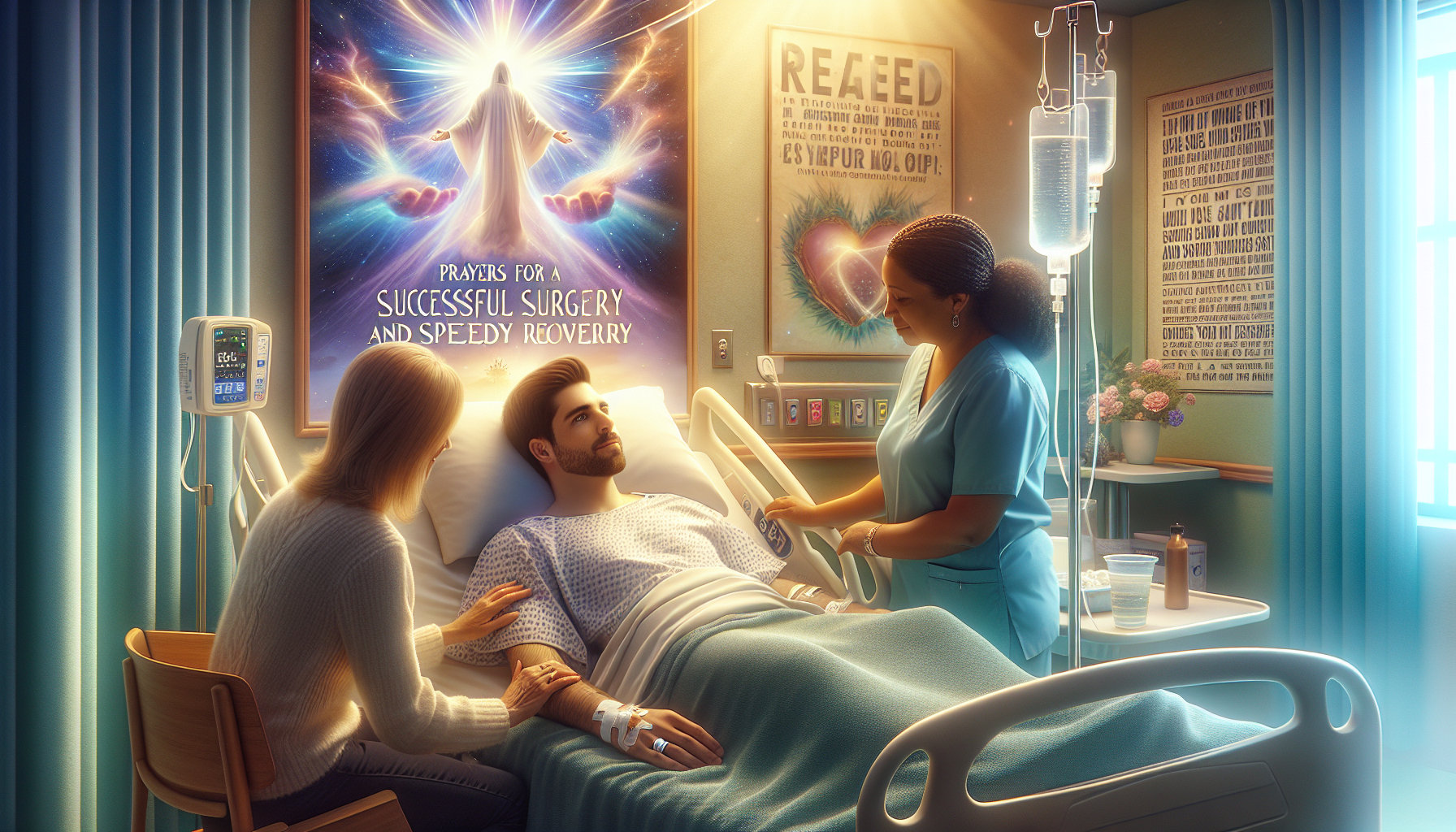 A warm and serene hospital room with soft, natural lighting. A patient lies in a bed, looking peaceful and hopeful. Beside the bed, a family member holds the patient's hand with a gentle, reassuring t