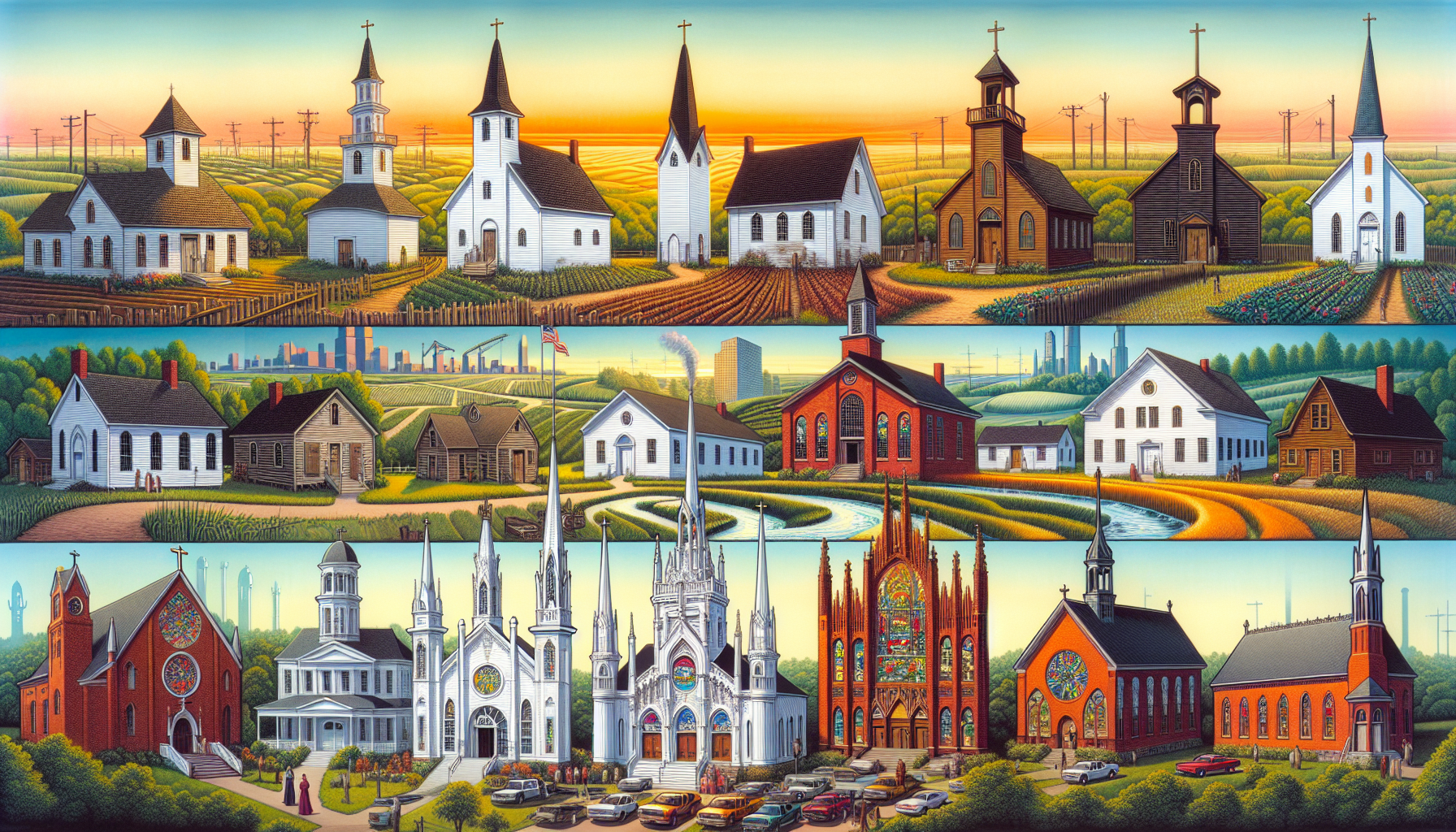 Create an intricate and historical illustration capturing the origin and evolution of Christian churches in the United States. The image should include diverse architectural designs of churches from t