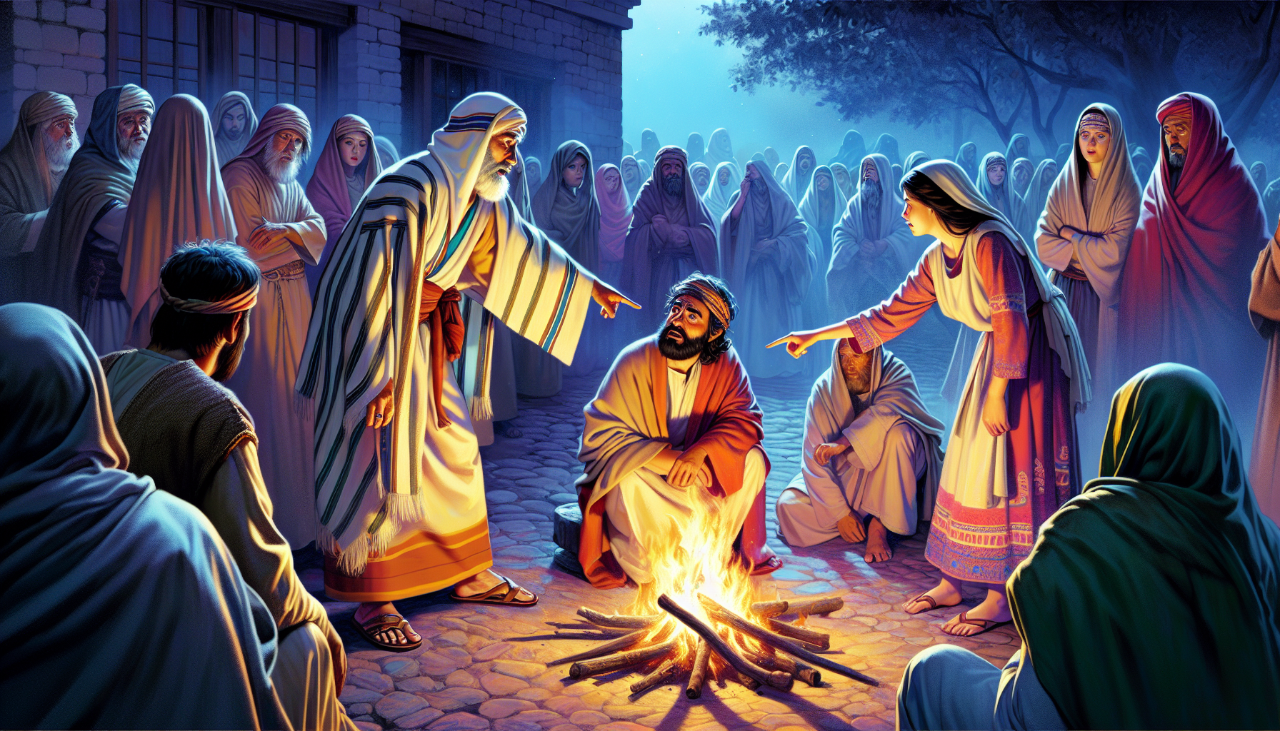 Create a detailed illustration of the scene from Luke 22:55-62, where Peter denies knowing Jesus. The image should depict the outdoor setting with a fire burning in the center, surrounded by people wa