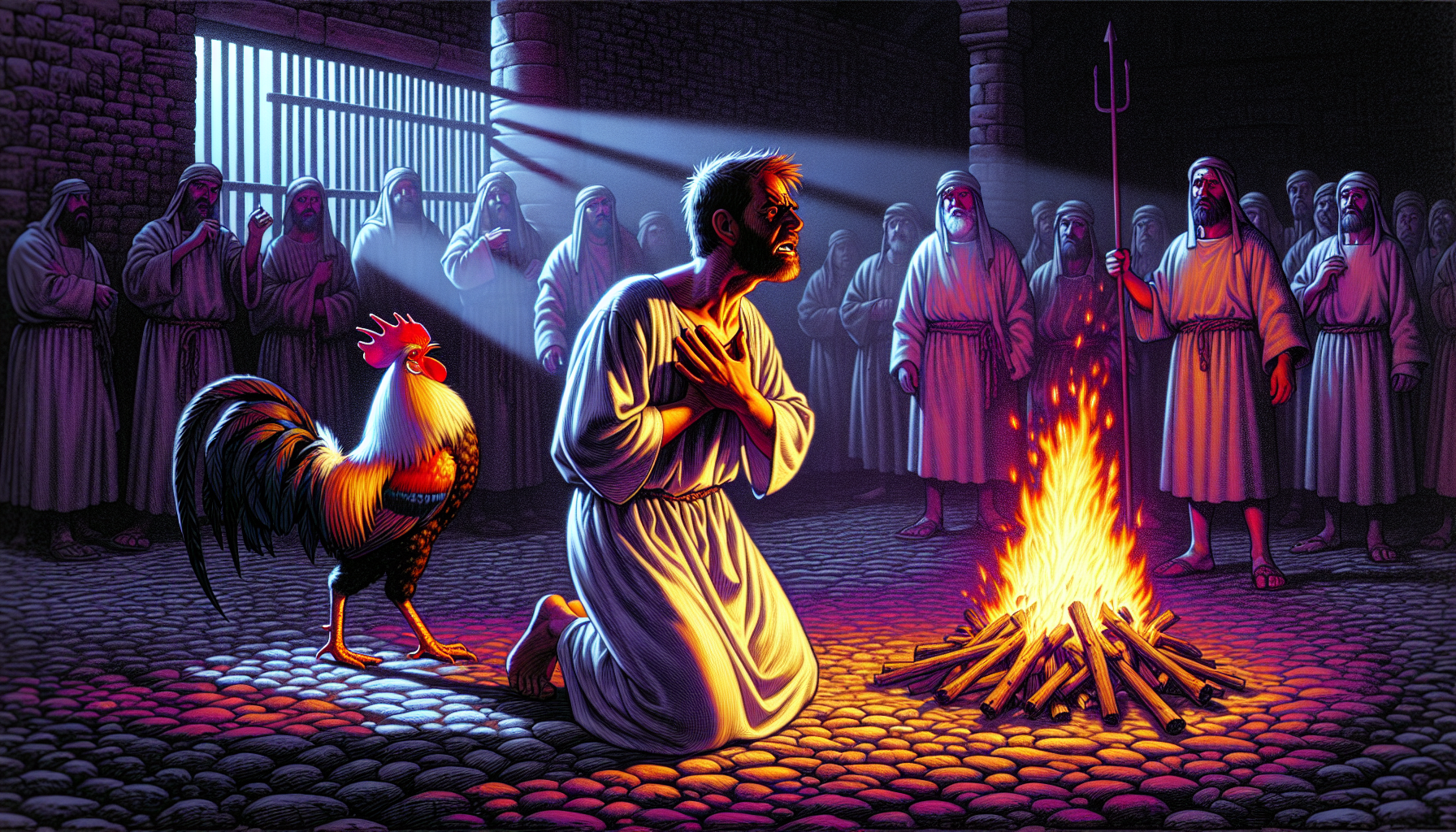 Illustration of Peter denying Jesus in the courtyard, with a rooster crowing in the background. The scene should be set during nighttime, with a distressed Peter standing near a fire, as onlookers and