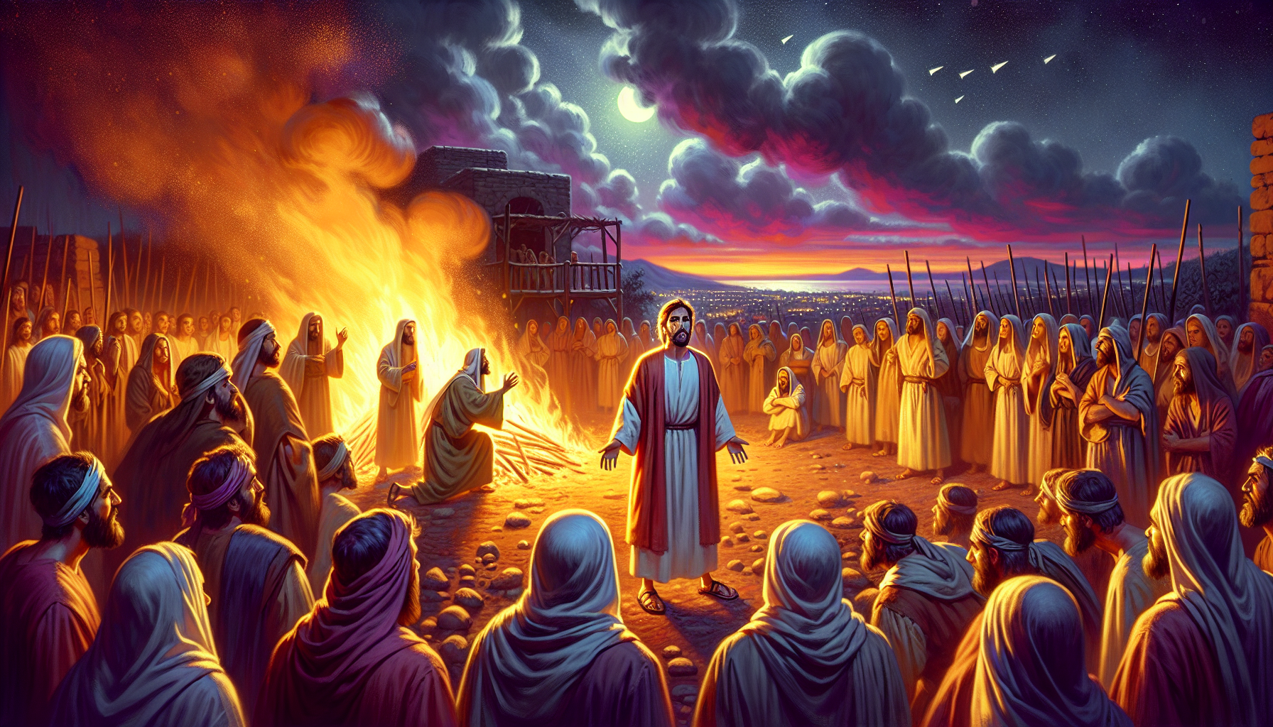 Create an illustrative scene portraying the biblical moment from Matthew 26:69-75 when Peter denies Jesus three times. Imagine Peter with a worried expression, surrounded by people near a warm, glowin