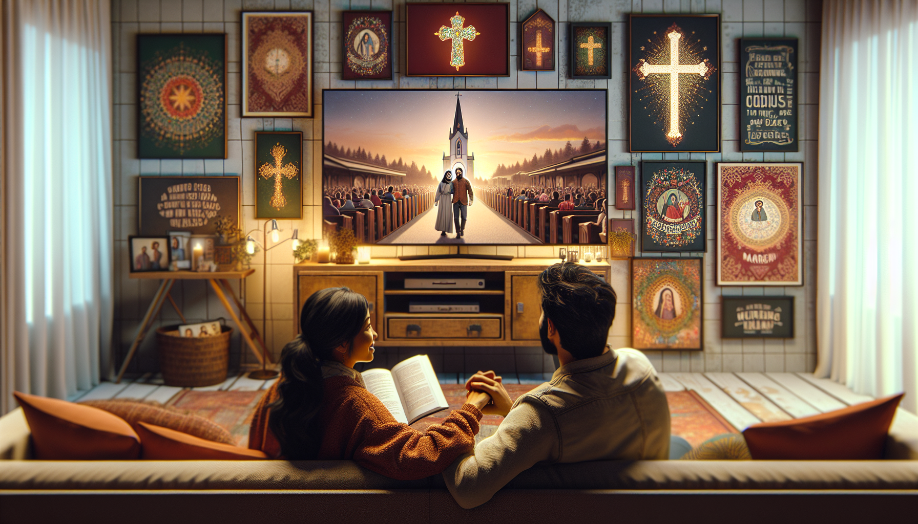 An illustration of a couple watching a Christian movie in a cozy living room. The background features framed pictures of cross symbols and inspirational quotes. The television shows a heartwarming sce