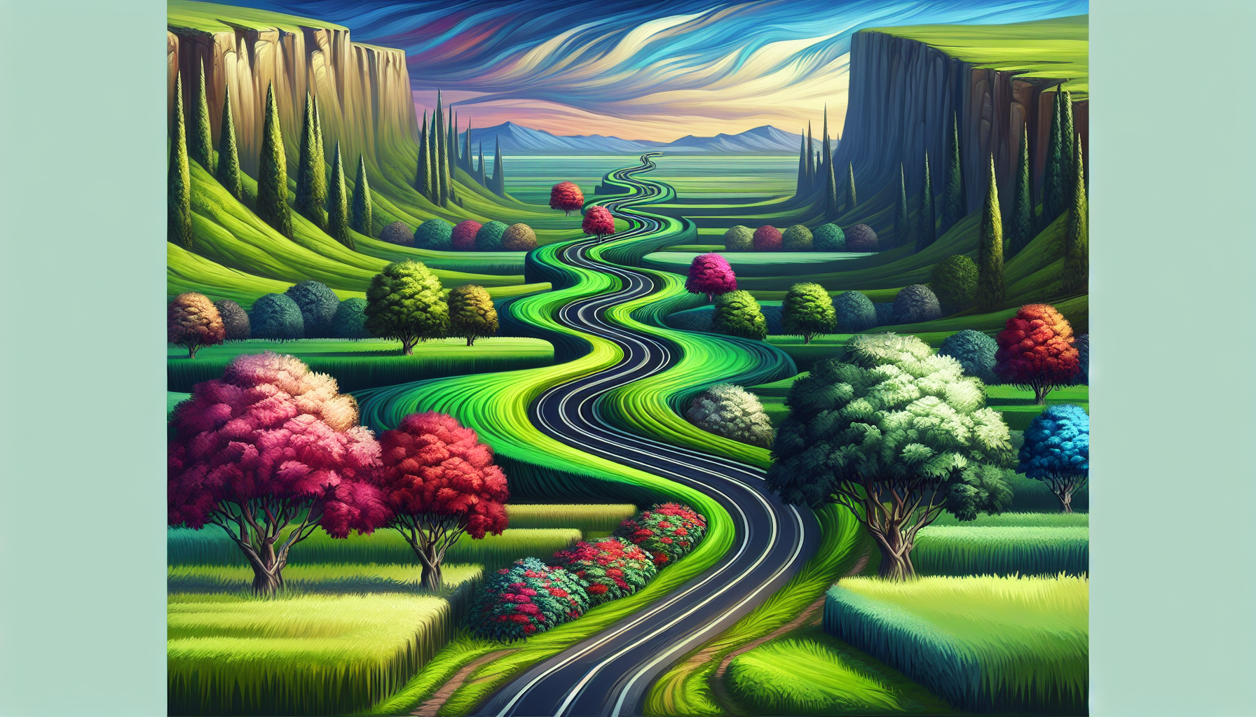 An artistic representation of a winding, picturesque road leading to a cliff, illustrating the verse from Proverbs 16:25, 'There is a way that seems right to a man, but its end is the way to death.'