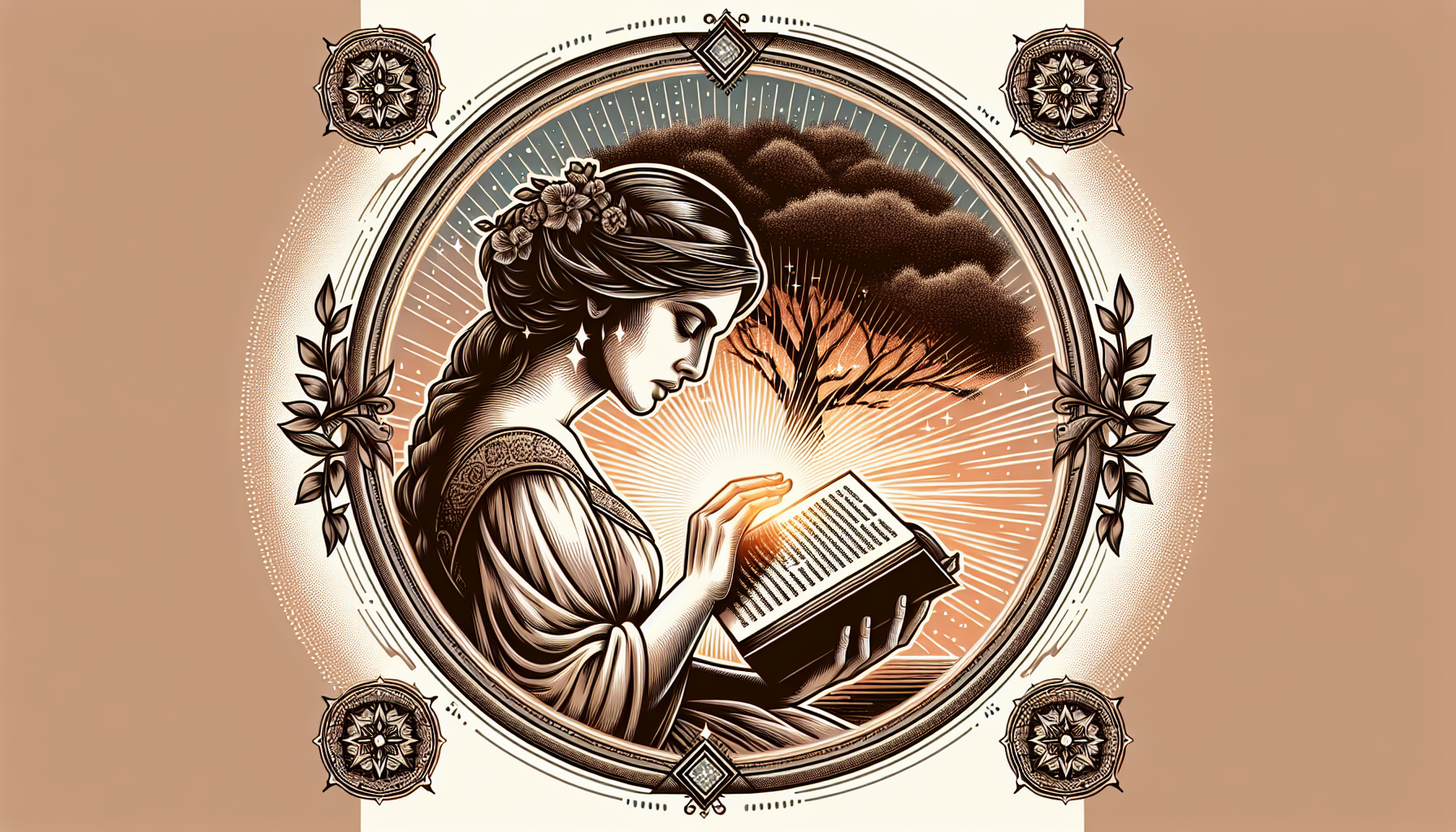 An elegant illustration of a wise woman from Proverbs 31:30, depicted as sitting under a serene, ancient tree, flipping through a glowing book with visible phrases in it, surrounded by symbols represe