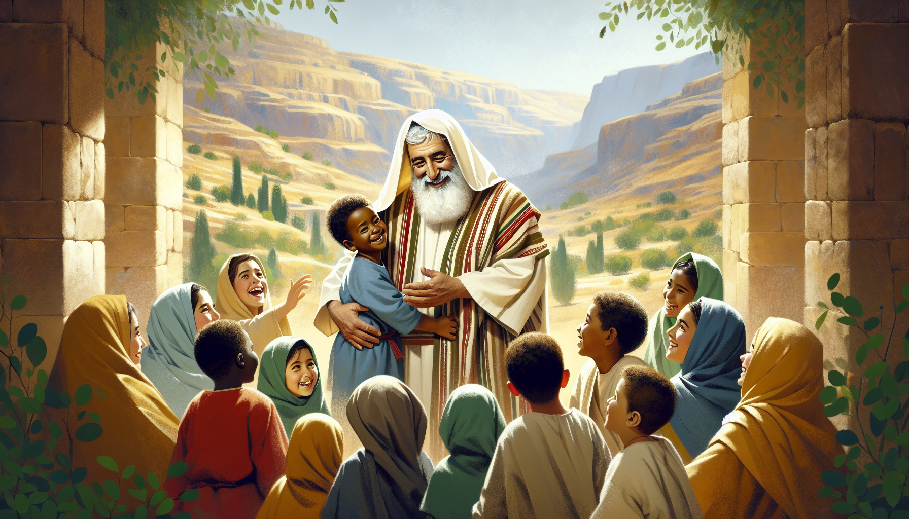 Create a heartwarming scene depicting Jesus surrounded by young children, set in an ancient Judean landscape. The children, of diverse backgrounds, gather around Him with joyful expressions. Jesus, wi