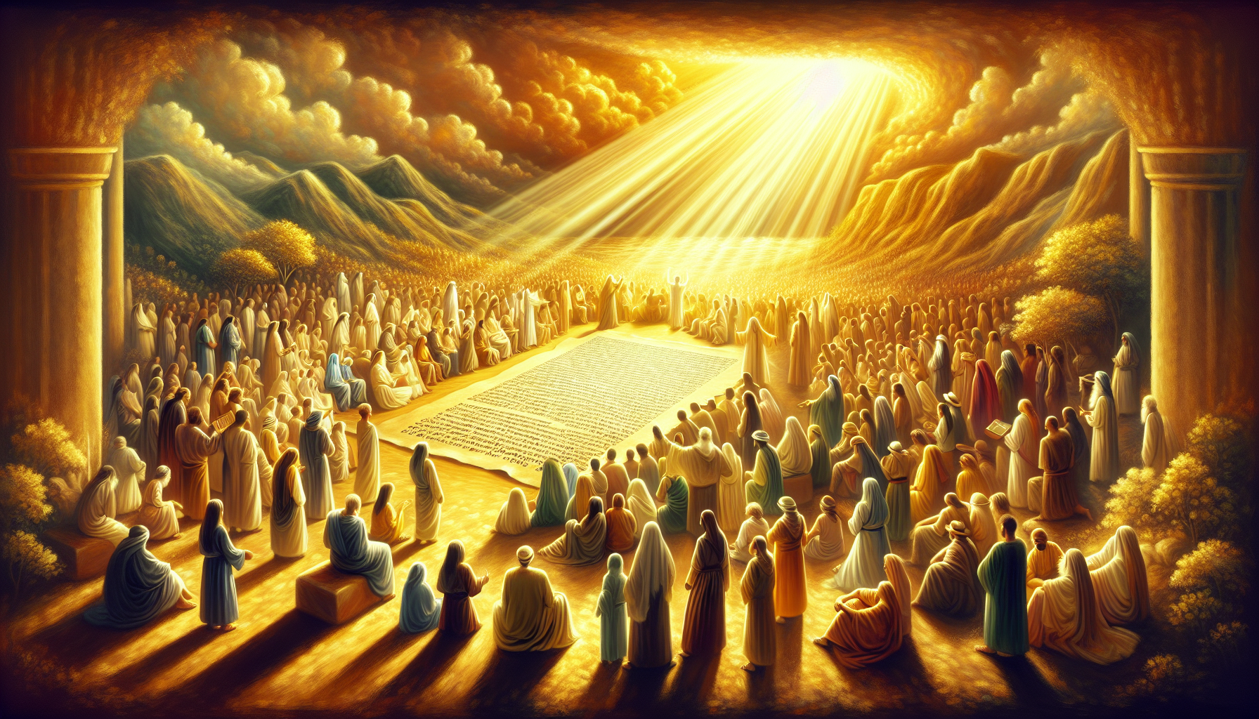 An artistically crafted digital painting illustrating a serene biblical scene where diverse people of different ethnicities are gathered around an ancient scroll illuminated with golden light, symboli