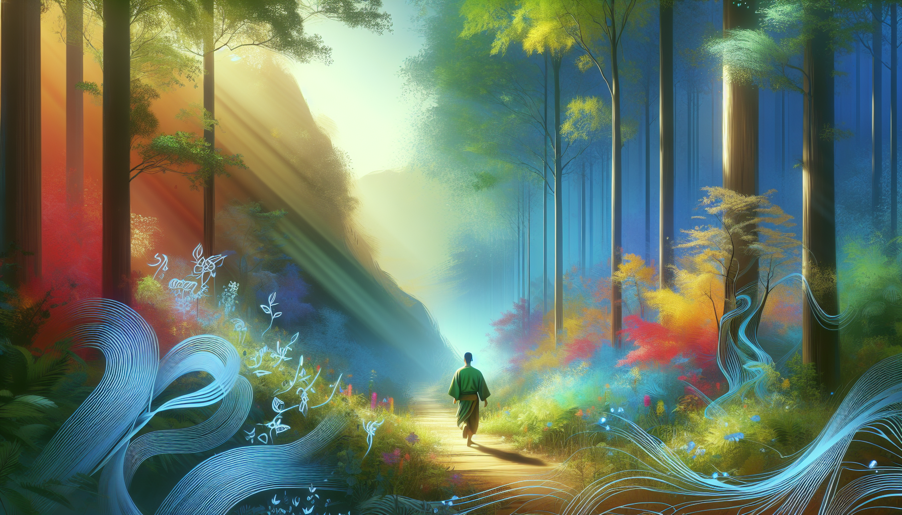 An artistic interpretation of Psalm 119:10, depicting a serene landscape with a person walking along a peaceful path through lush, vibrant forests, symbolizing a spiritual journey and seeking guidance