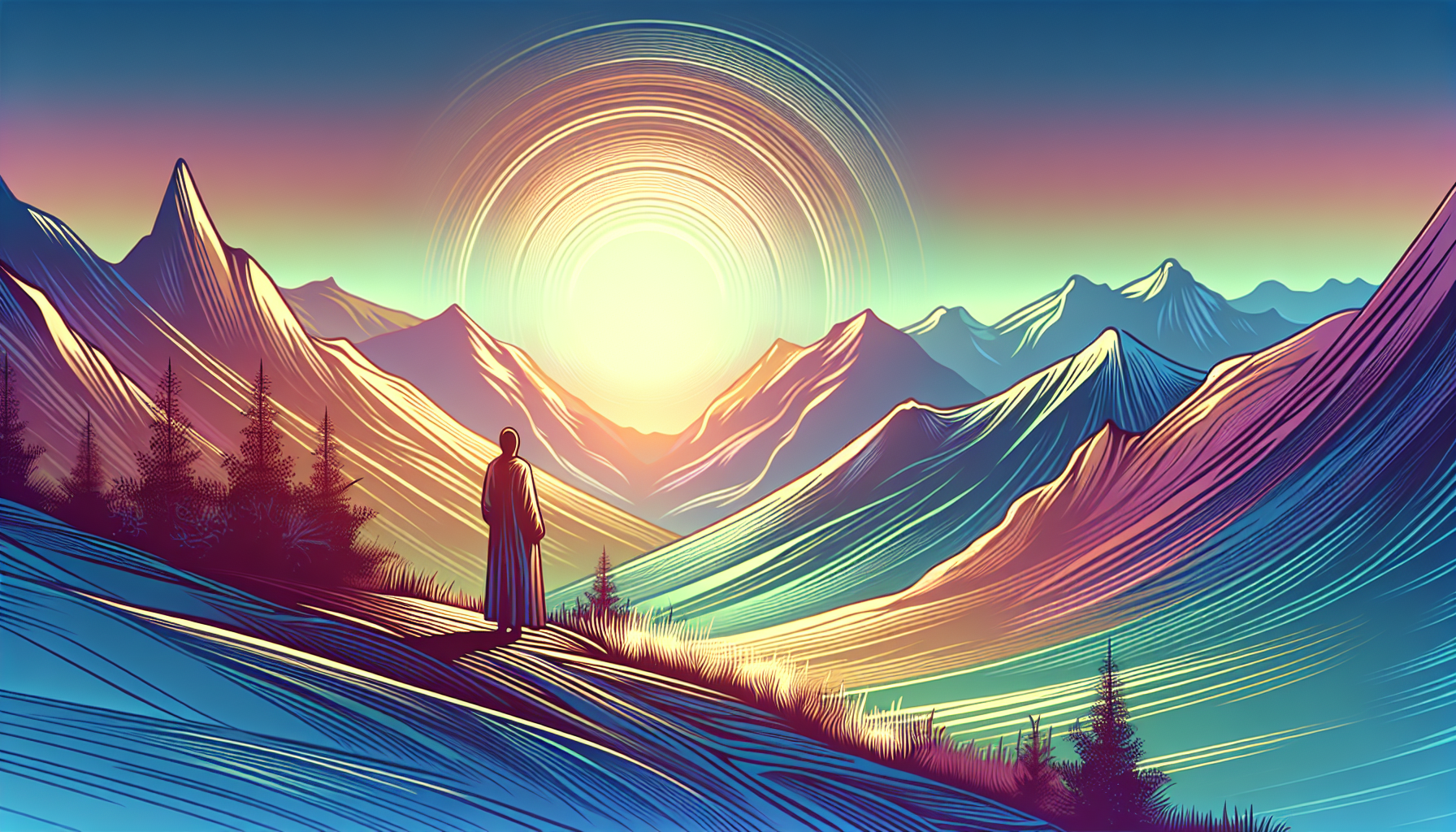 Painting of a serene mountain landscape at sunrise, illustrating Psalm 121:1-2 with a person looking up towards the glowing sky, symbolizing seeking help from above, in an ethereal, soft color palette