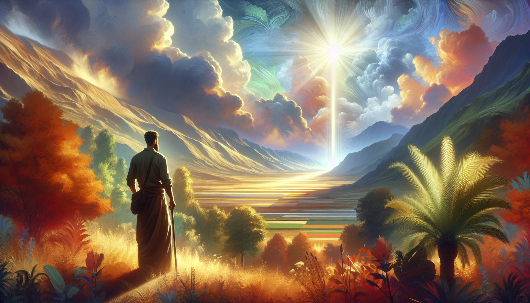 Visual interpretation of Psalm 27:13, depicting a serene and hopeful landscape scene with a person standing confidently, gazing at a beam of light breaking through clouds over a lush valley.