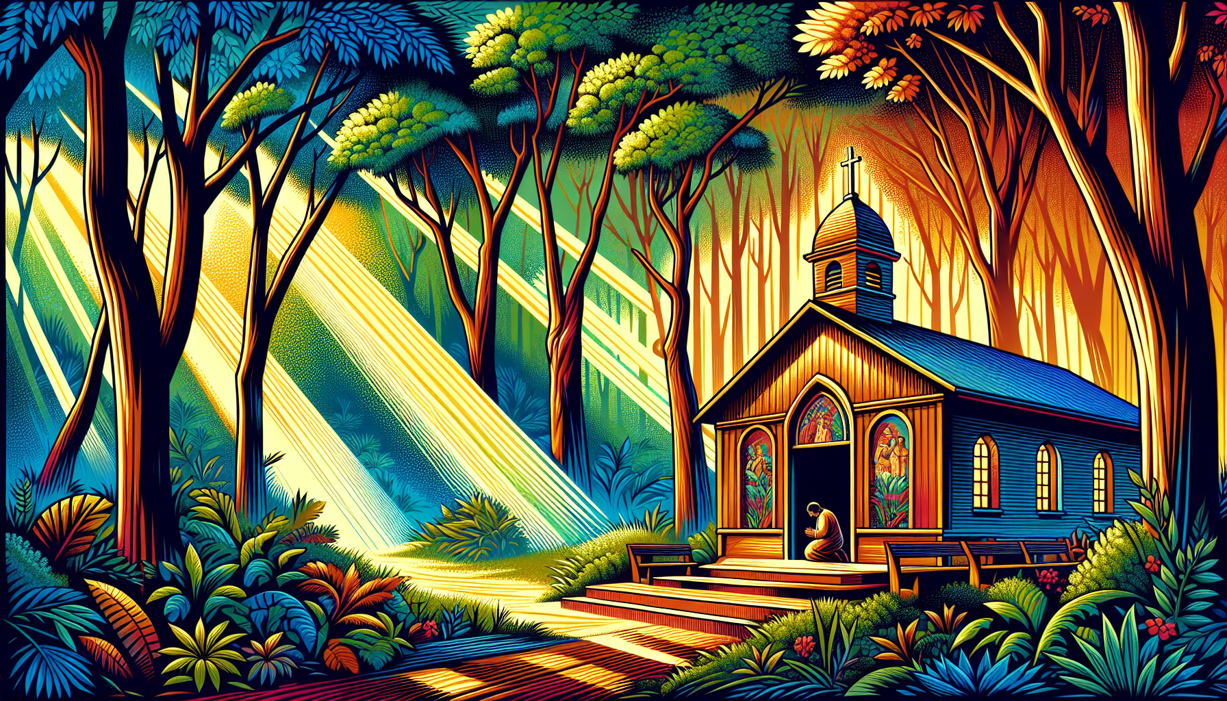 A serene chapel surrounded by a lush, tranquil forest, rays of sunshine filtering through the trees, highlighting a person kneeling in peaceful prayer inside the chapel.