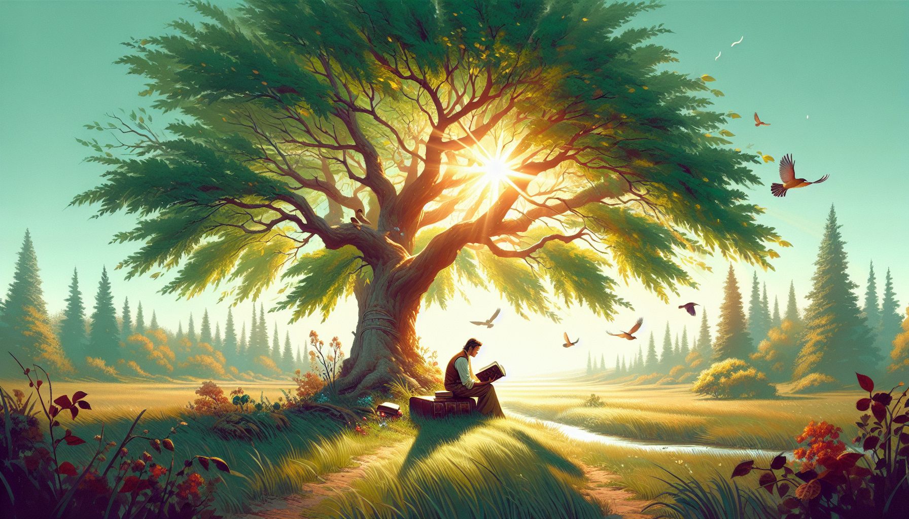 Serene landscape depicting a person sitting under a large, flourishing tree on a sunny day, reading a worn leather-bound Bible, with soft light filtering through the leaves and birds perched singing n