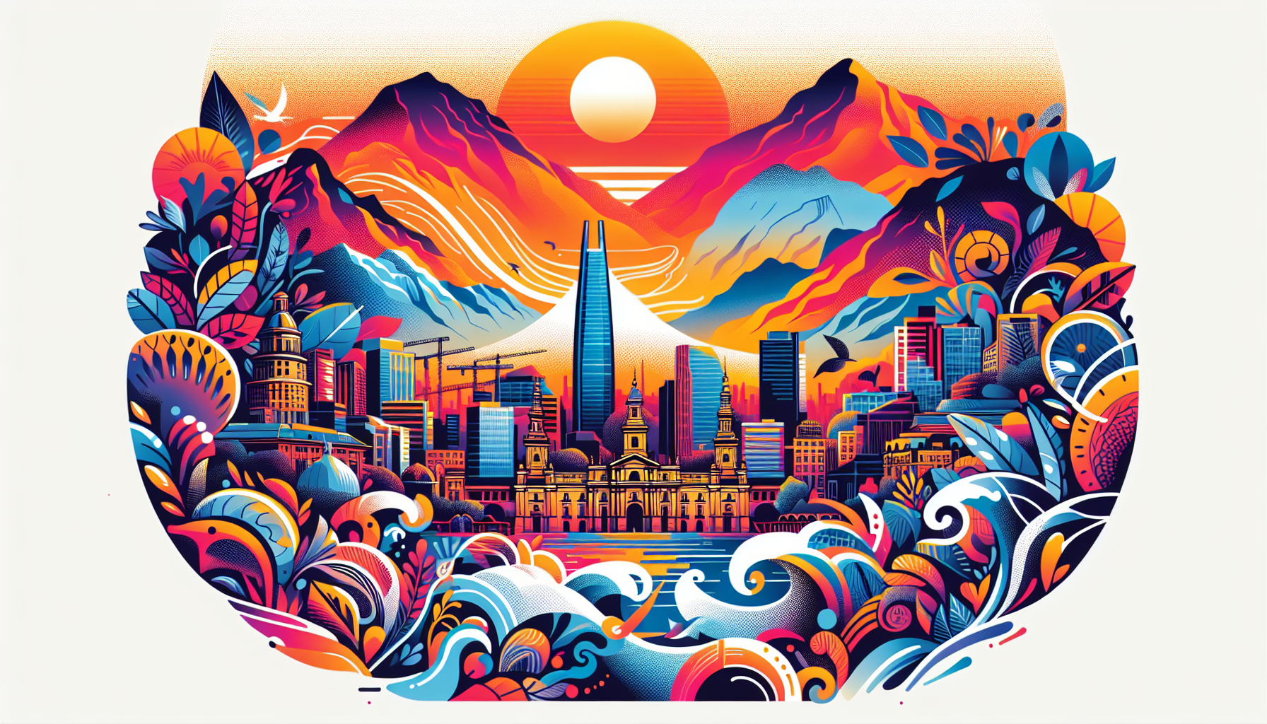 A serene illustration of the city of Santiago, Chile with a focus on cultural landmarks, bustling street scenes, and the backdrop of the Andes mountains during sunset.