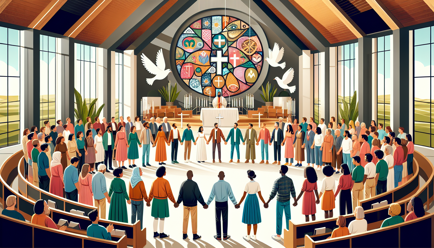 Create an image depicting a diverse group of Christians coming together in a beautiful, modern church. They are holding hands, singing, and praying as a symbol of unity and solidarity. The background