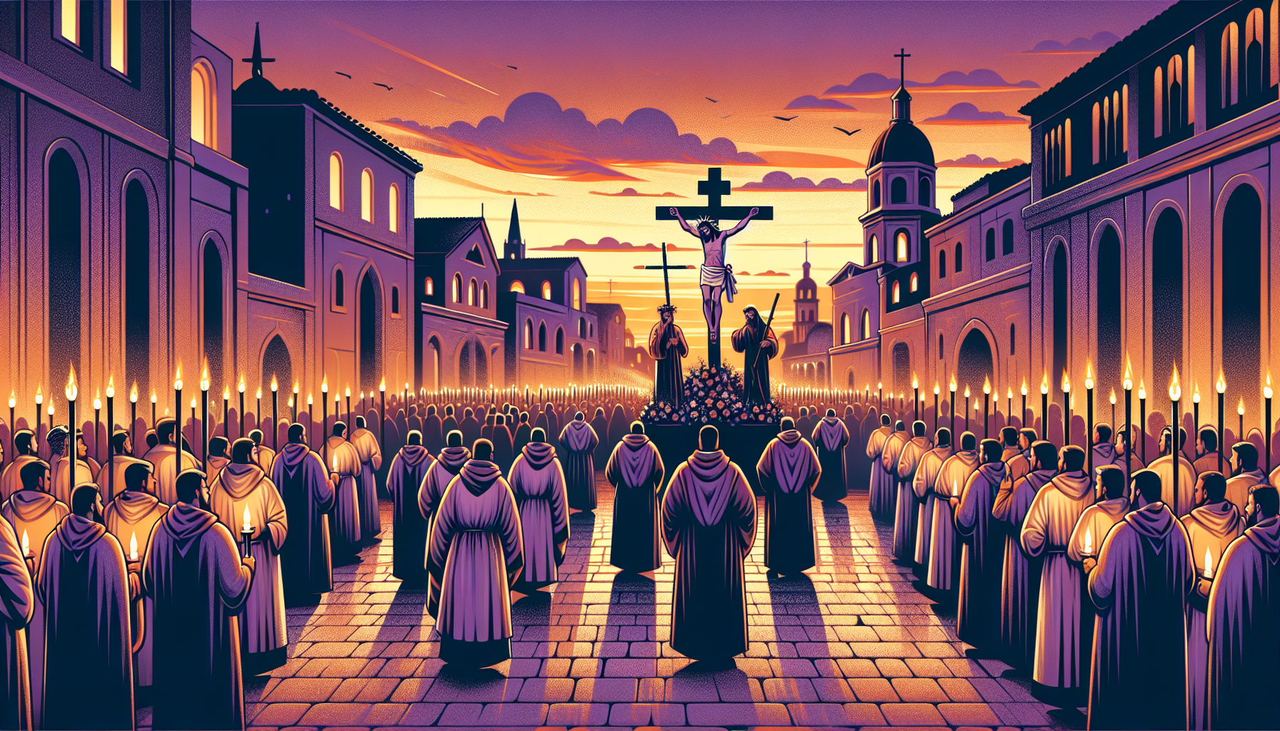 Una procesión solemne al atardecer durante el Viernes Santo, con figuras religiosas cargando una estatua de Jesús crucificado, rodeados de velas encendidas y fieles con túnicas tradicionales caminando