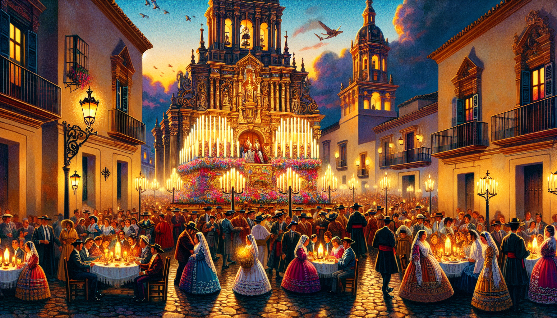 An intricate scene of the Octava de Cuaresma celebration featuring traditional Spanish religious processions, people in colorful traditional costumes, ornate church altars adorned with candles and flo