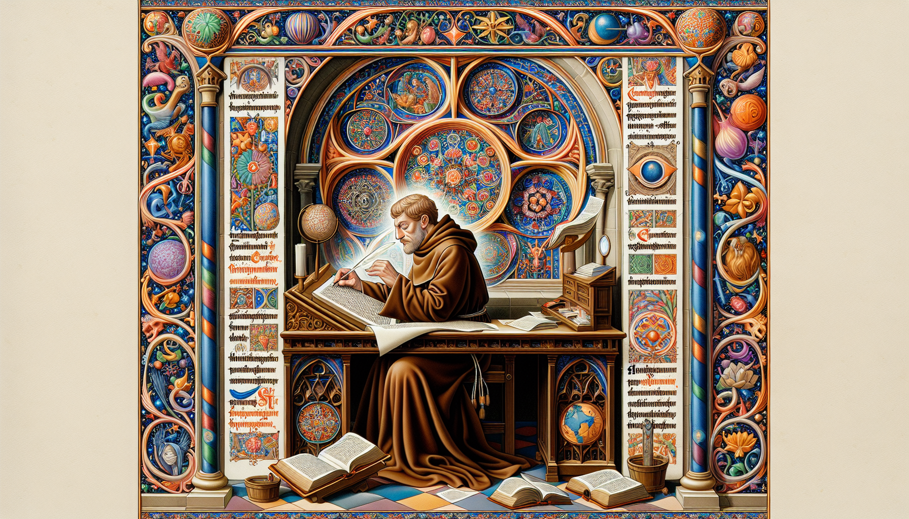 An illuminated manuscript page showing a medieval monk in a serene scriptorium, delicately transcribing the Bible verse 1 Timothy 1:6-11 with ornate decorations and vivid illustrations surrounding the