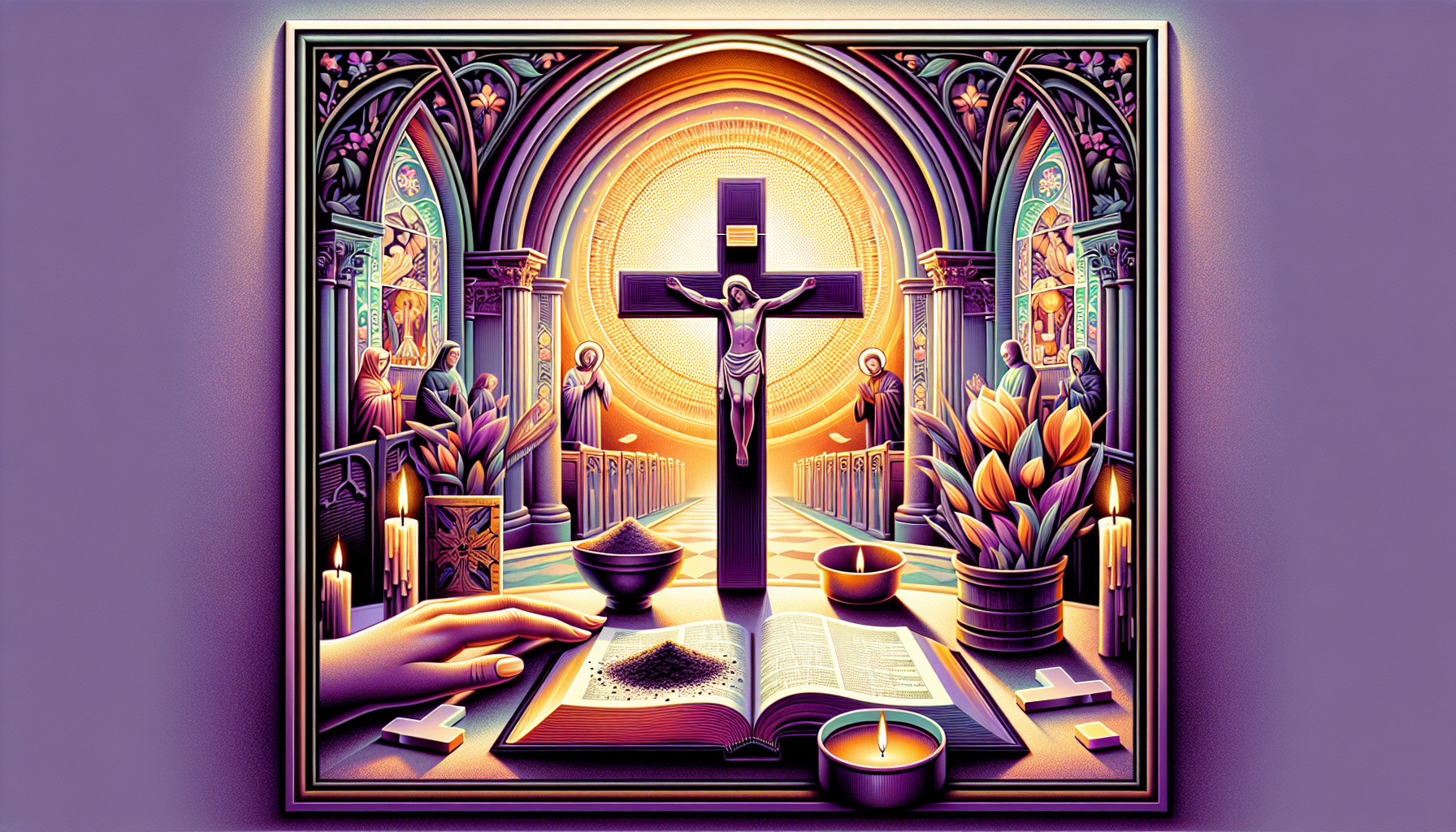 Create an image for an article titled Todo lo que necesitas saber sobre la Cuaresma. The image should feature a solemn and reflective scene with a central cross, traditional Christian symbols such as