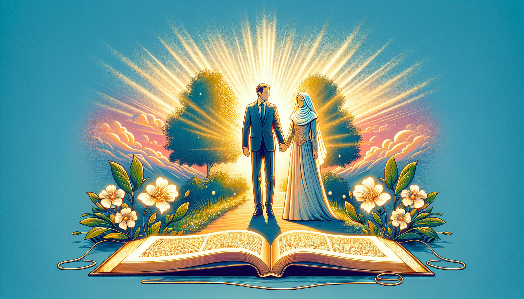 Create an image of a loving Christian couple holding hands, standing in a peaceful, sunlit garden. They are surrounded by open Bibles with highlighted verses glowing softly. Above them, a gentle light