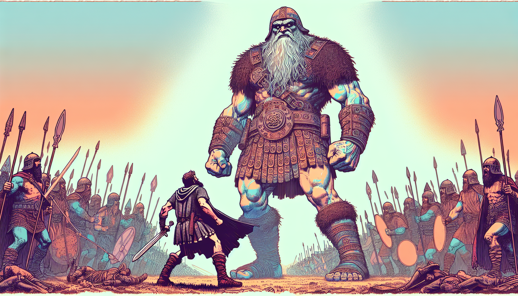 Create an illustration of the biblical figure Goliath, portrayed as an intimidating giant standing in the ancient battlefield facing off against David. Highlight Goliath's immense height and muscular