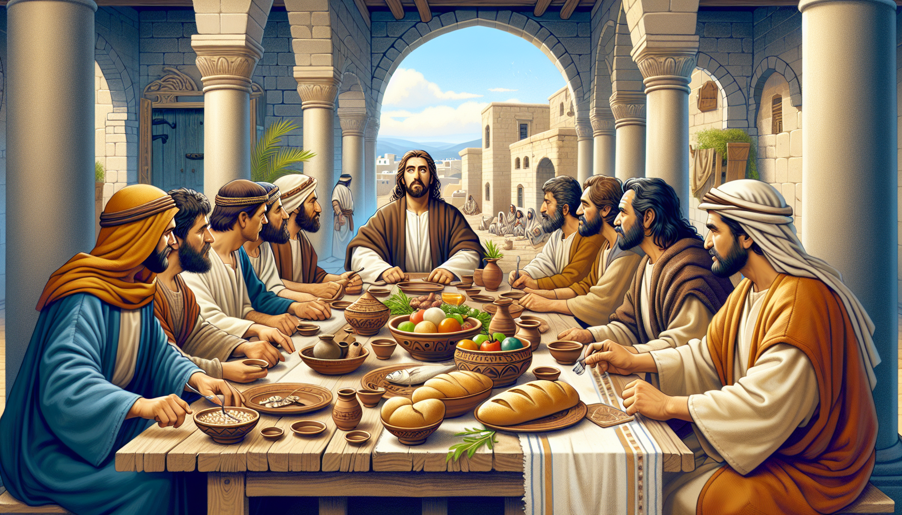 Create a historical scene of Jesus at a long wooden table during a meal with his disciples, with diverse food items such as bread, vegetables, and fish prominently displayed. The setting should evoke